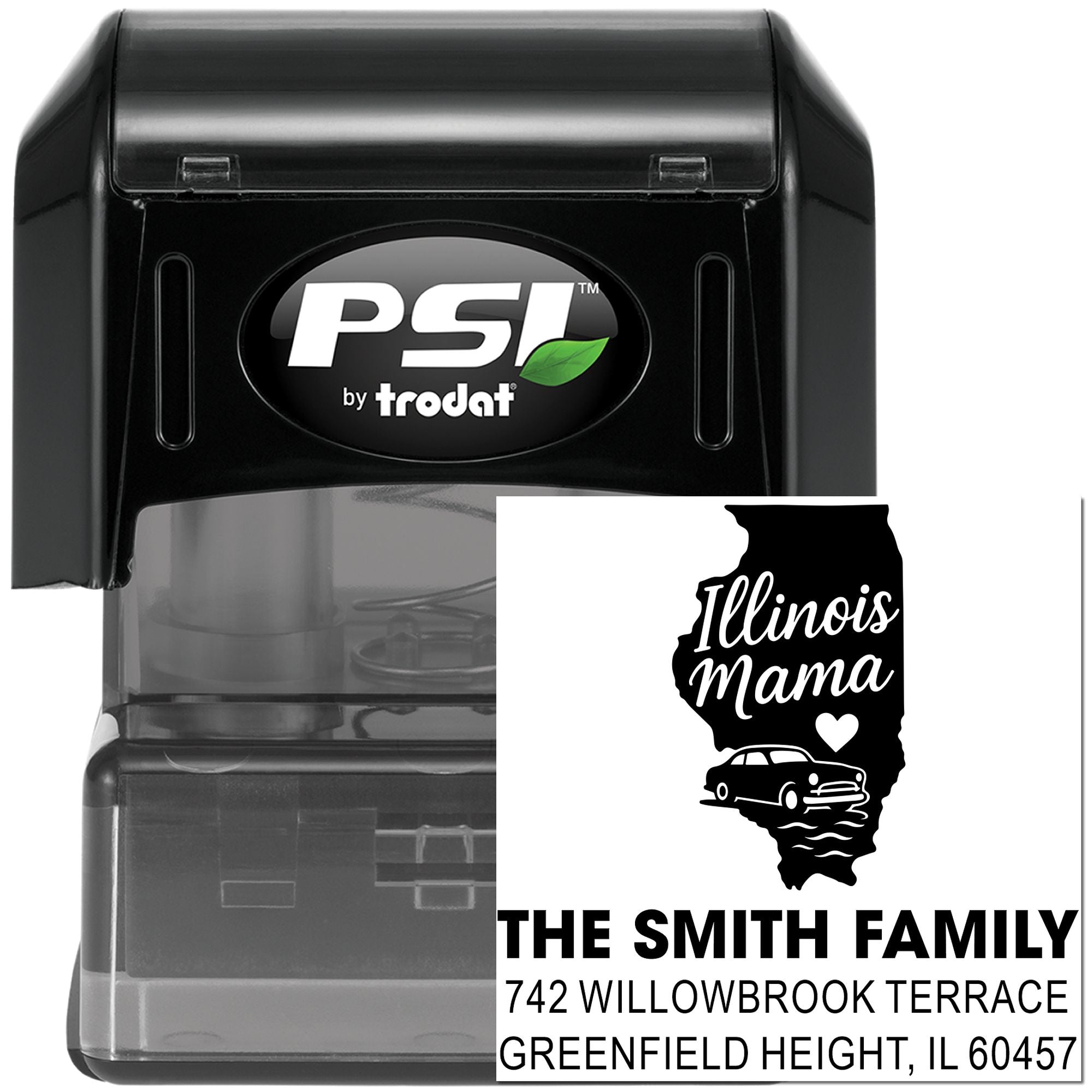 PSI by Trodat self-inking rubber stamp with custom Illinois Mama address stamp design for The Smith Family.
