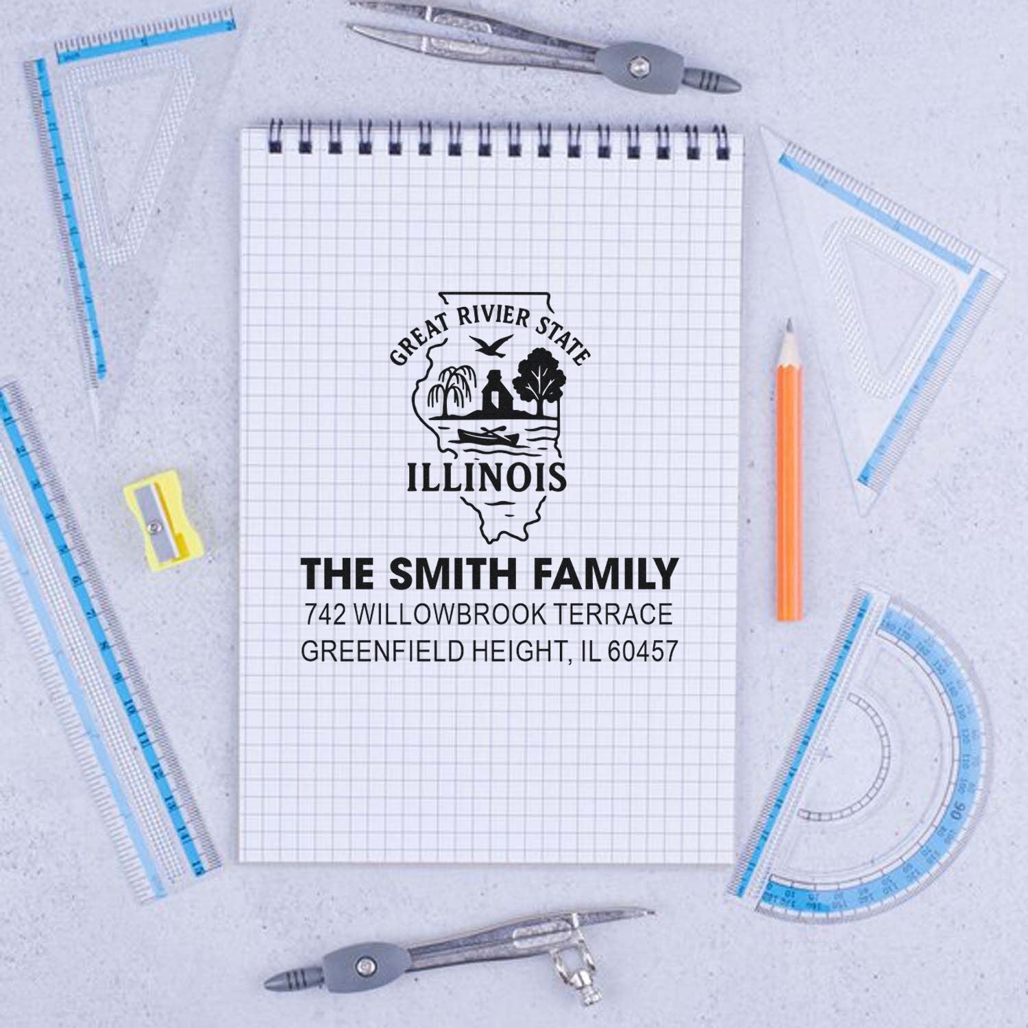 Custom Illinois return address rubber stamp for the Smith family, featuring a state silhouette and personalized mailing address.