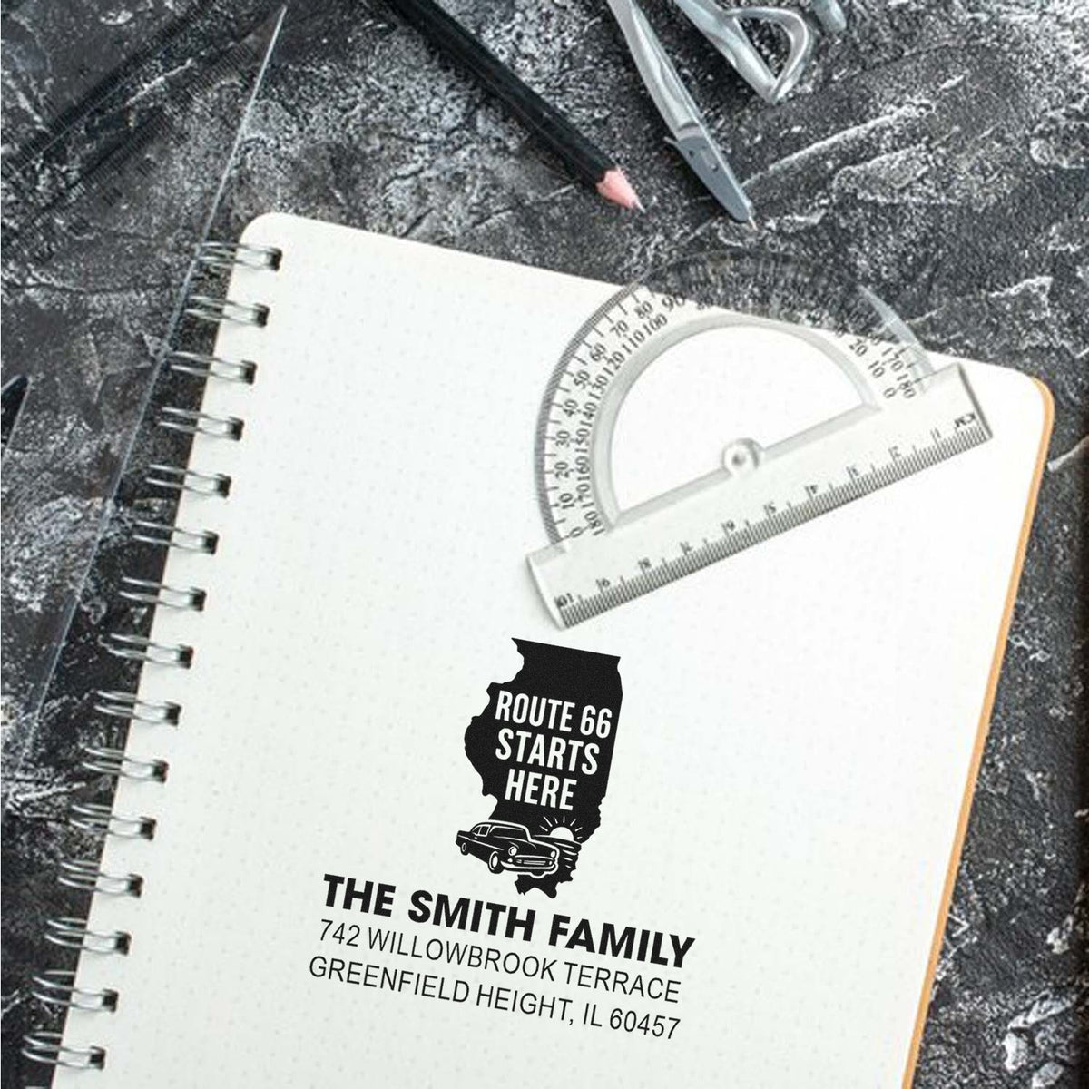 Custom rubber address stamp with Route 66 Starts Here design for The Smith Family, Greenfield Heights IL 60457.