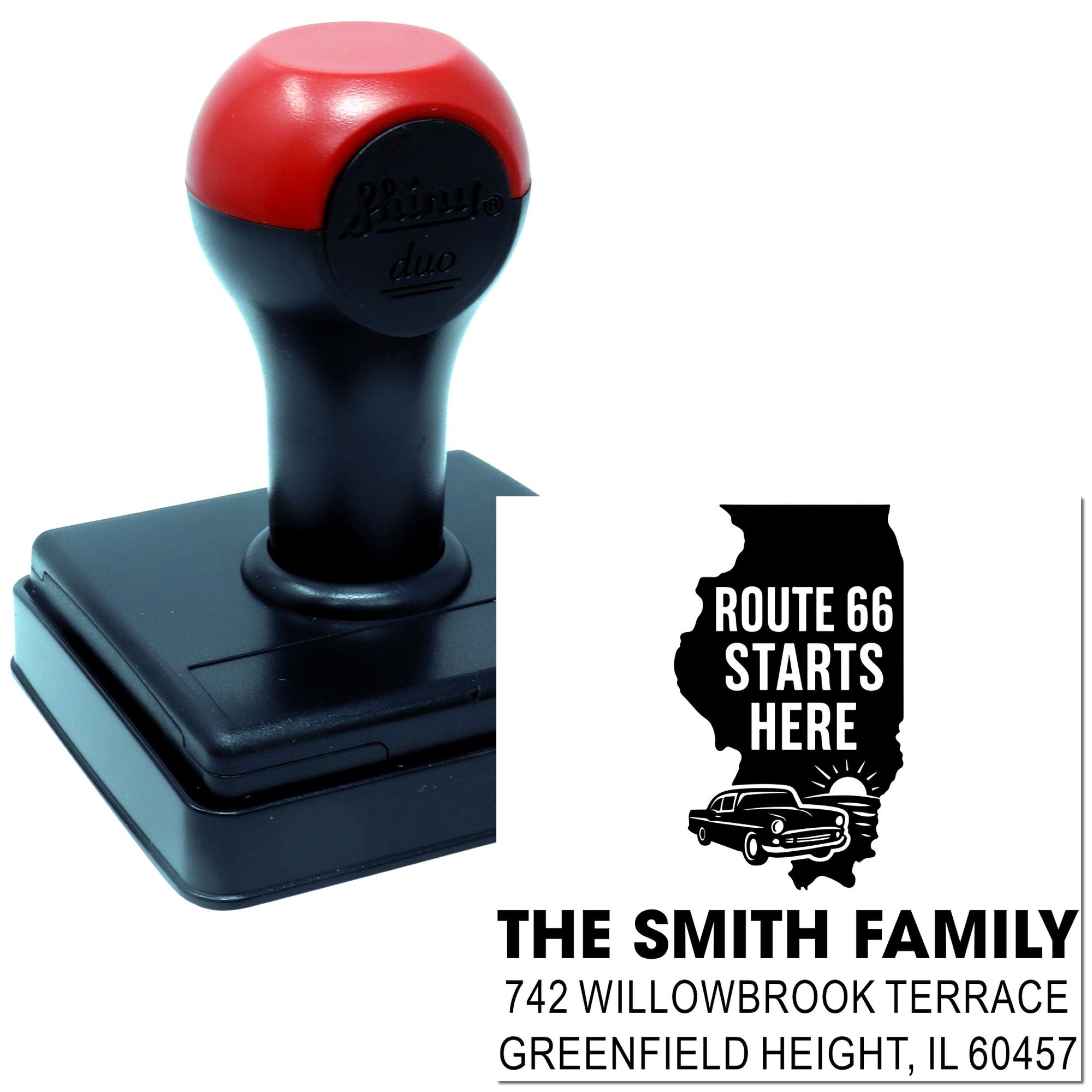 Custom Route 66 self-inking rubber stamp featuring family name and address, ideal for personalized mail and stationery.