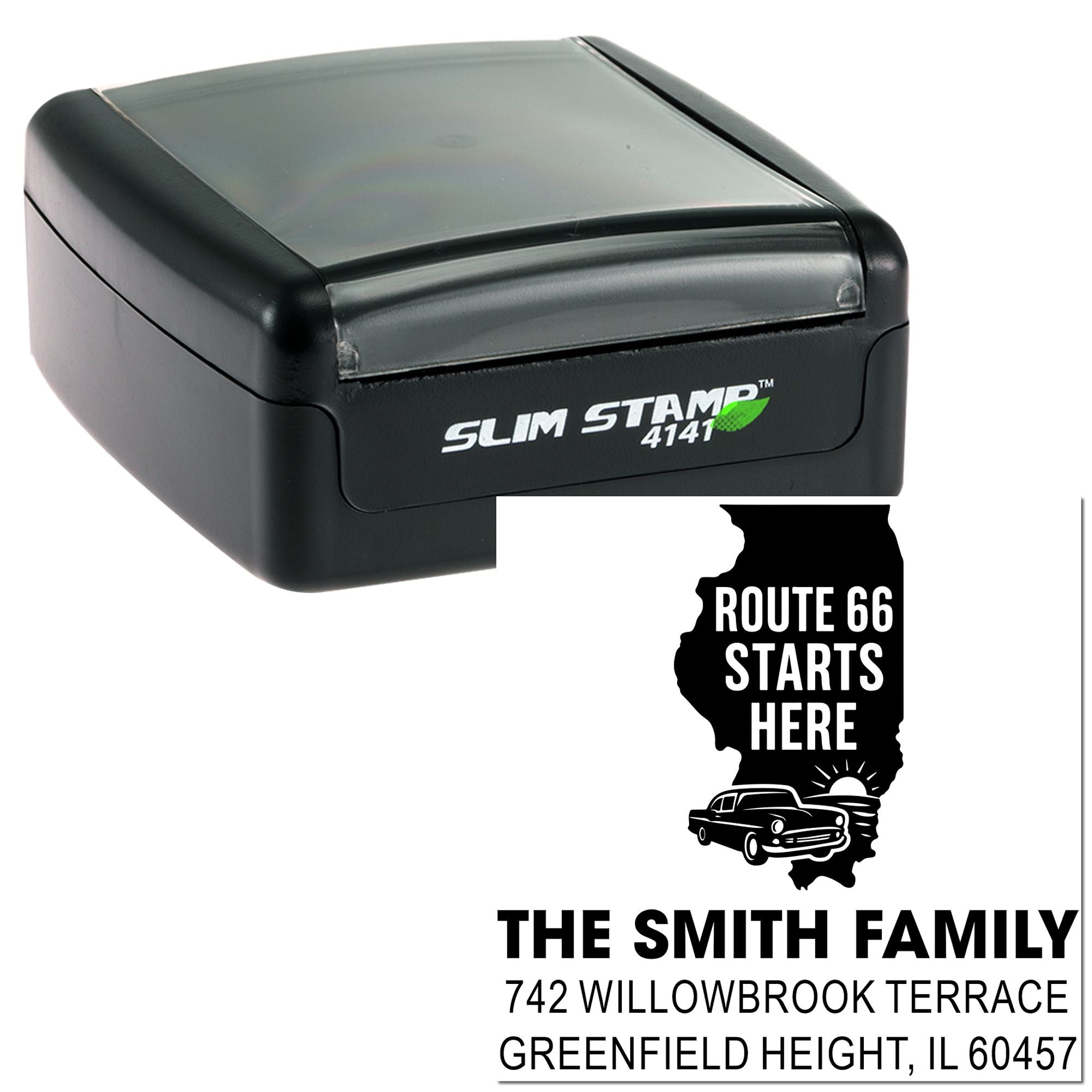 Slim Stamp 4141 self-inking rubber stamp showing a custom Route 66 family address design for personalized mailing and stationery.