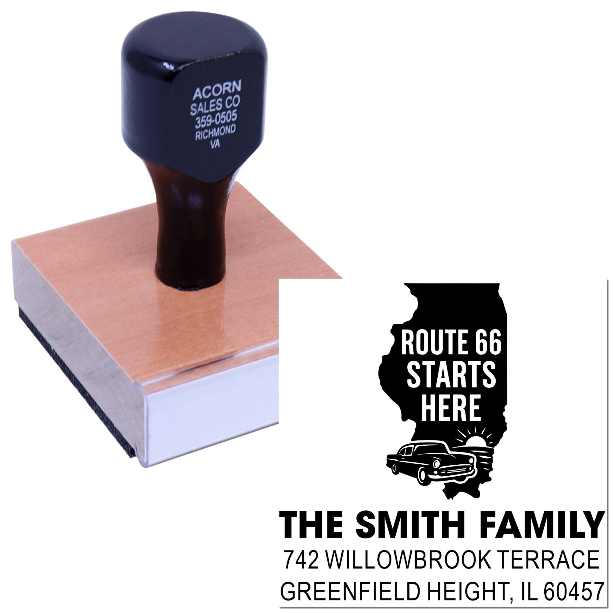 Custom rubber stamp with Route 66 family address design for personalized mailing, invitations, and craft projects.