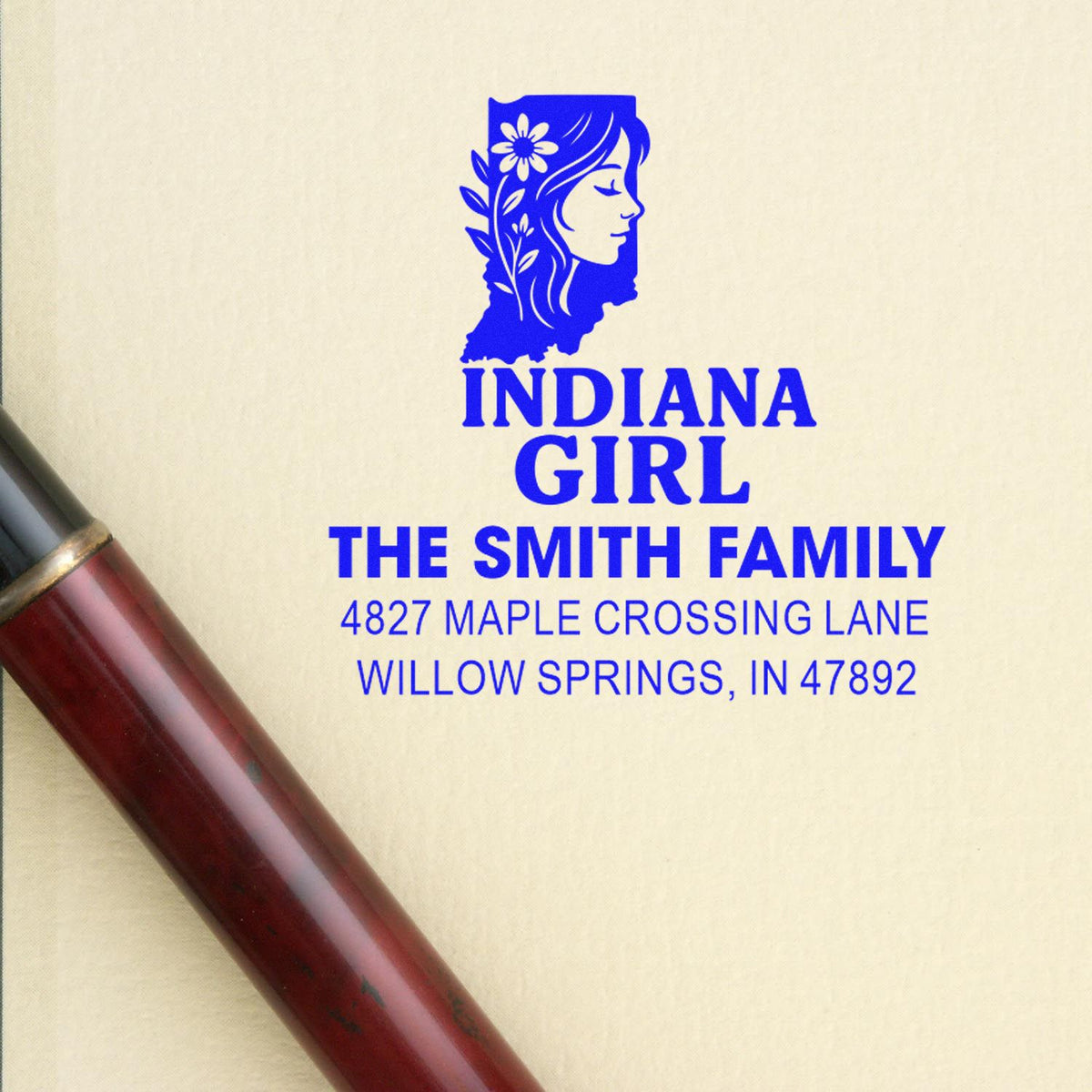 Custom Indiana Girl rubber address stamp for The Smith Family, featuring name, address and state-inspired logo.