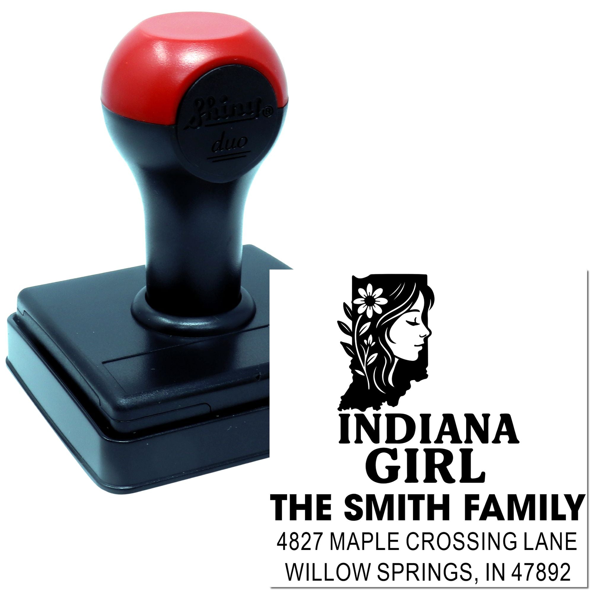 Custom self-inking rubber stamp with Indiana Girl design and personalized return address imprint for The Smith Family.