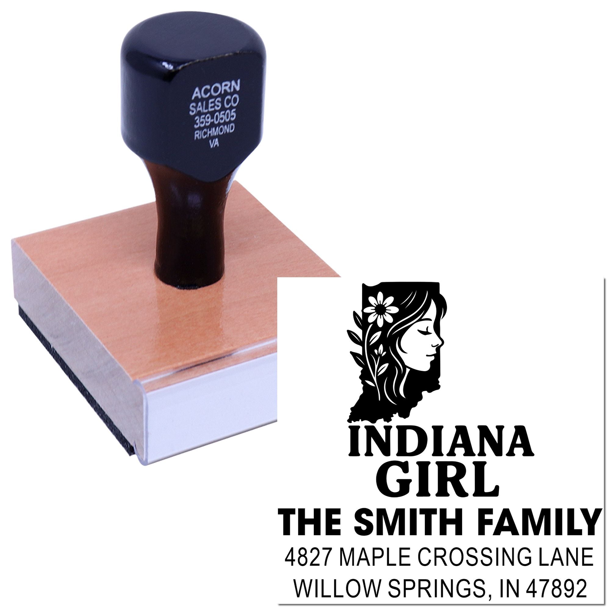 Personalized Indiana Girl rubber address stamp for The Smith Family with custom name, logo, and mailing address.