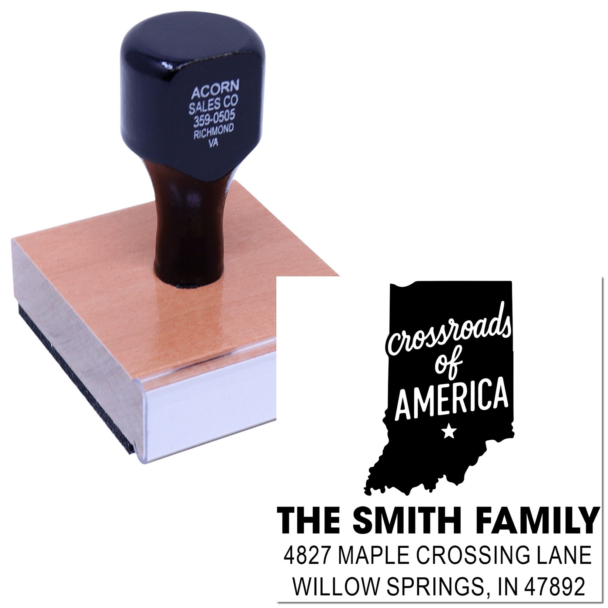 Custom rubber stamp with Indiana state design and return address, featuring Crossroads of America and The Smith Family address.