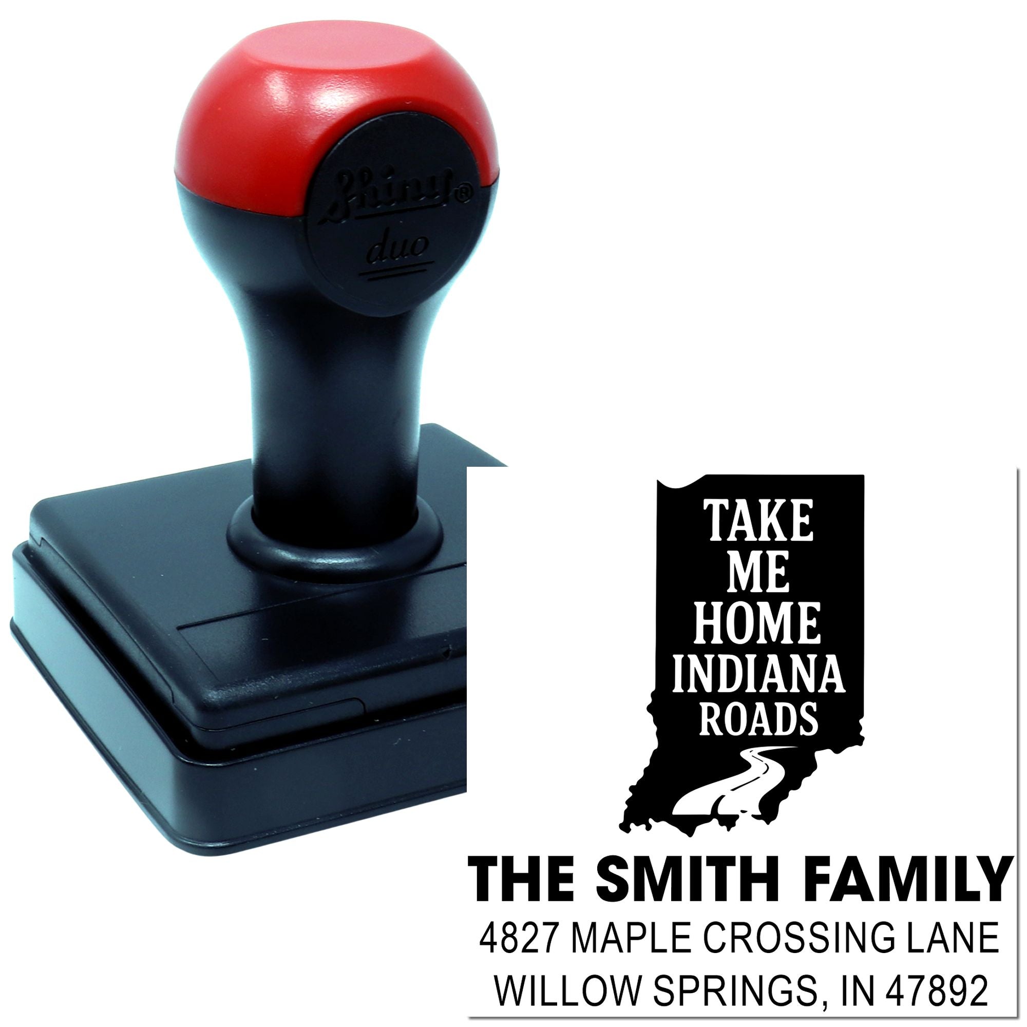 Personalized Indiana roads address rubber stamp with family name and return address for custom home mailing.