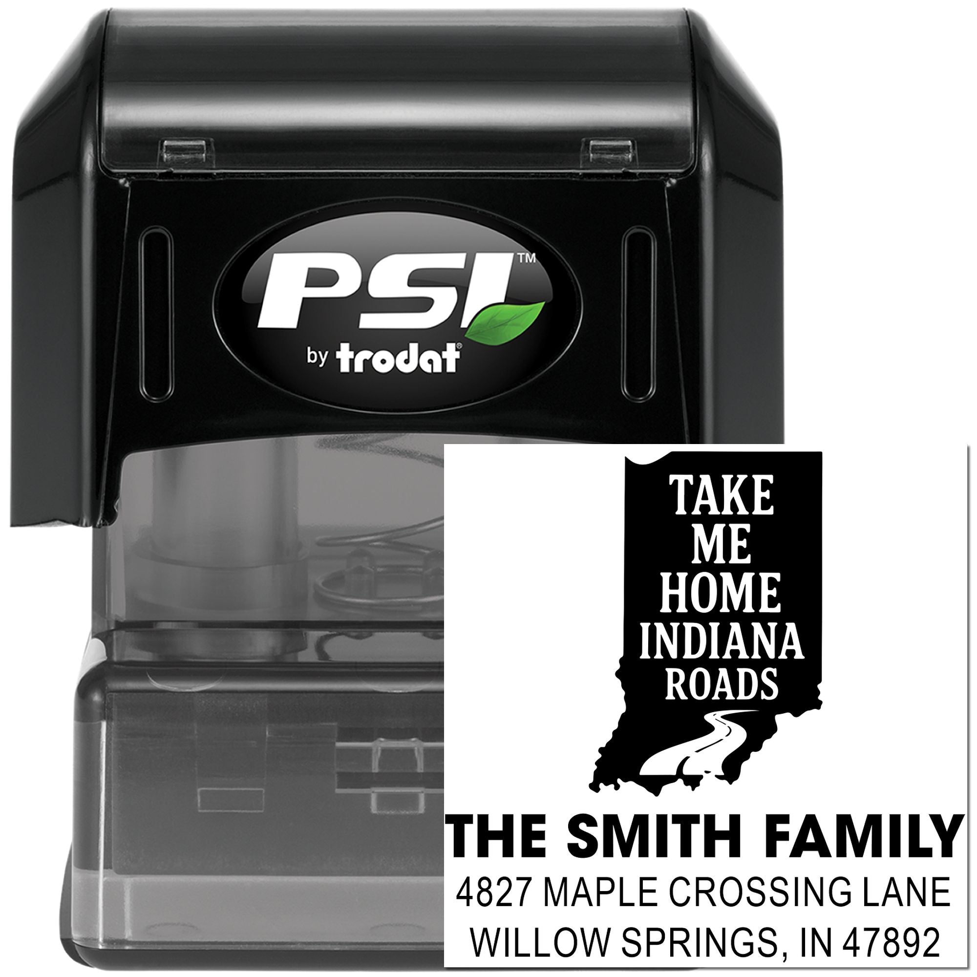 PSI by Trodat self-inking rubber stamp with custom Indiana Roads return address design for the Smith family.