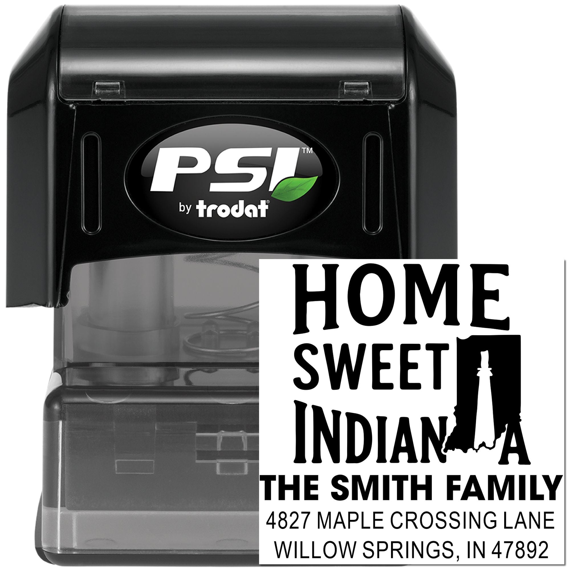 Self-inking PSI by Trodat custom rubber address stamp with Home Sweet Indiana family return address design.