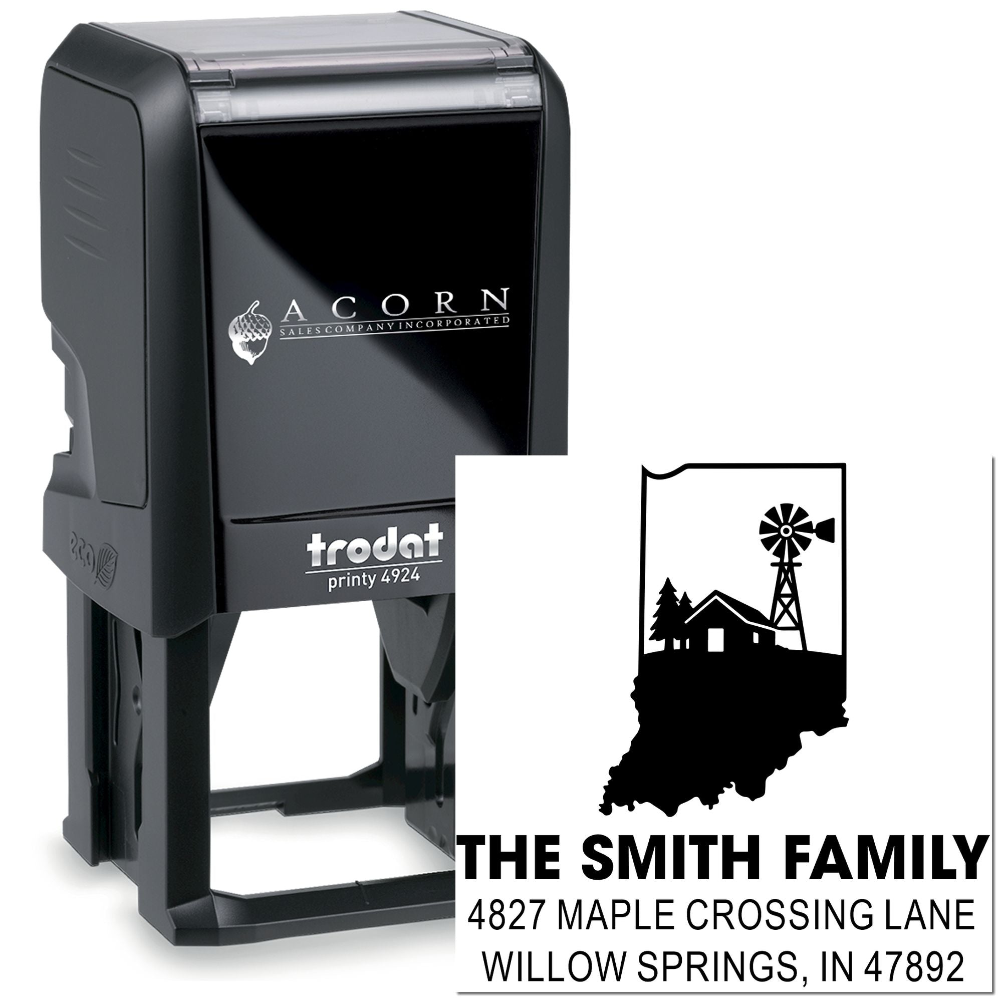 Personalized self-inking rubber address stamp for return mail, featuring The Smith Family, farmhouse windmill, and Indiana design.