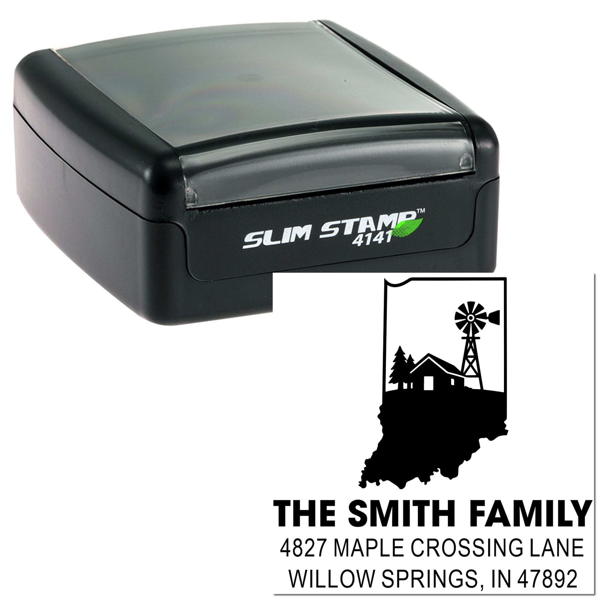 Slim Stamp 4141 custom address rubber stamp with Indiana farm design and Smith family return address.