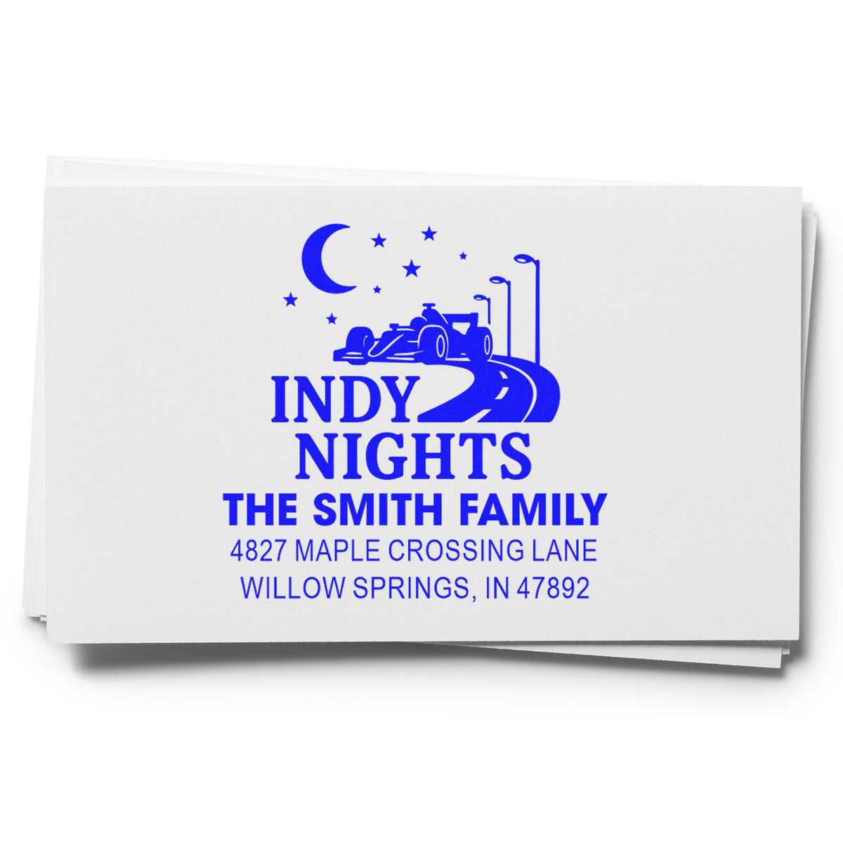 Custom rubber address stamp for The Smith Family, featuring an Indy Nights race car design and Willow Springs, IN return address.