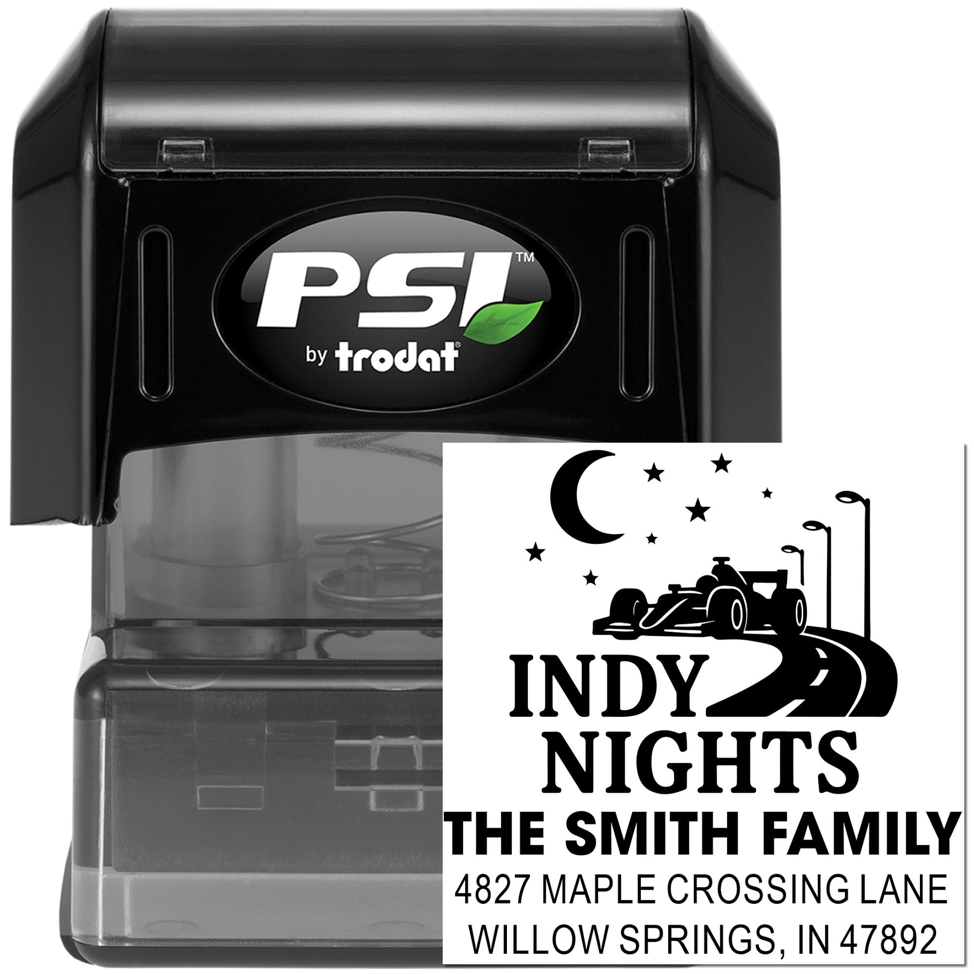 Custom self-inking rubber stamp by PSI Trodat, featuring an Indy 2 Nights family return address design.
