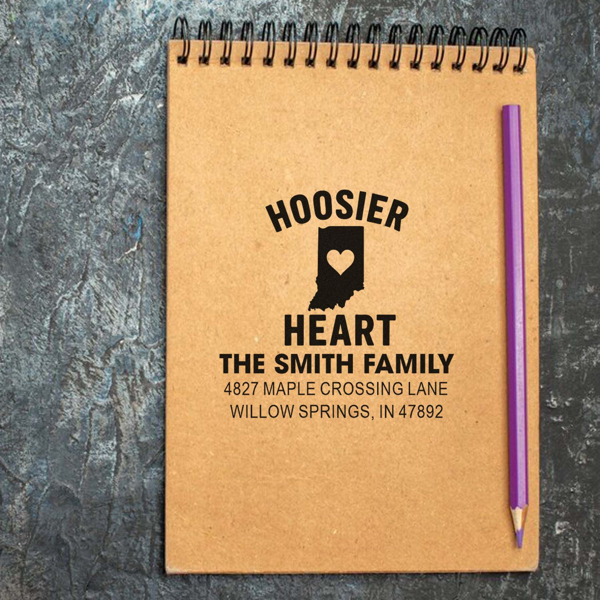 Custom Hoosier Heart family return address rubber stamp with Indiana outline, Smith family name, and mailing address.