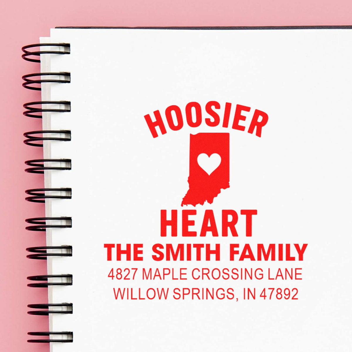 Custom Hoosier Heart rubber stamp for Indiana families with name and address, ideal for personalized stationery and mailings.