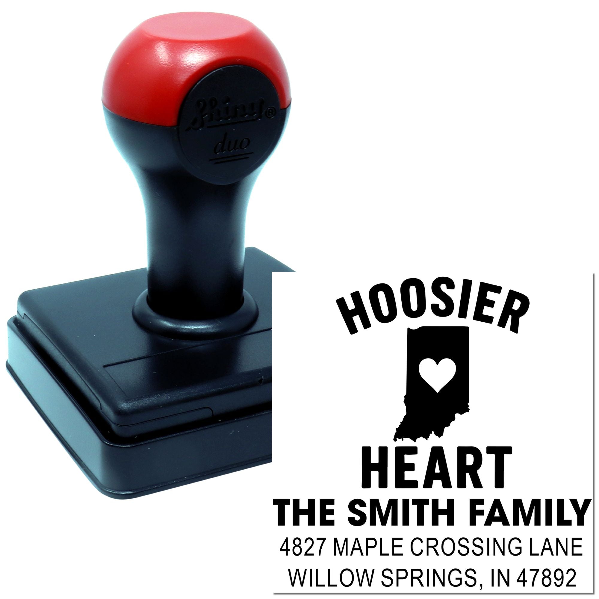 Custom self-inking address stamp with Hoosier Heart design for The Smith Family personalized mail and return addresses.