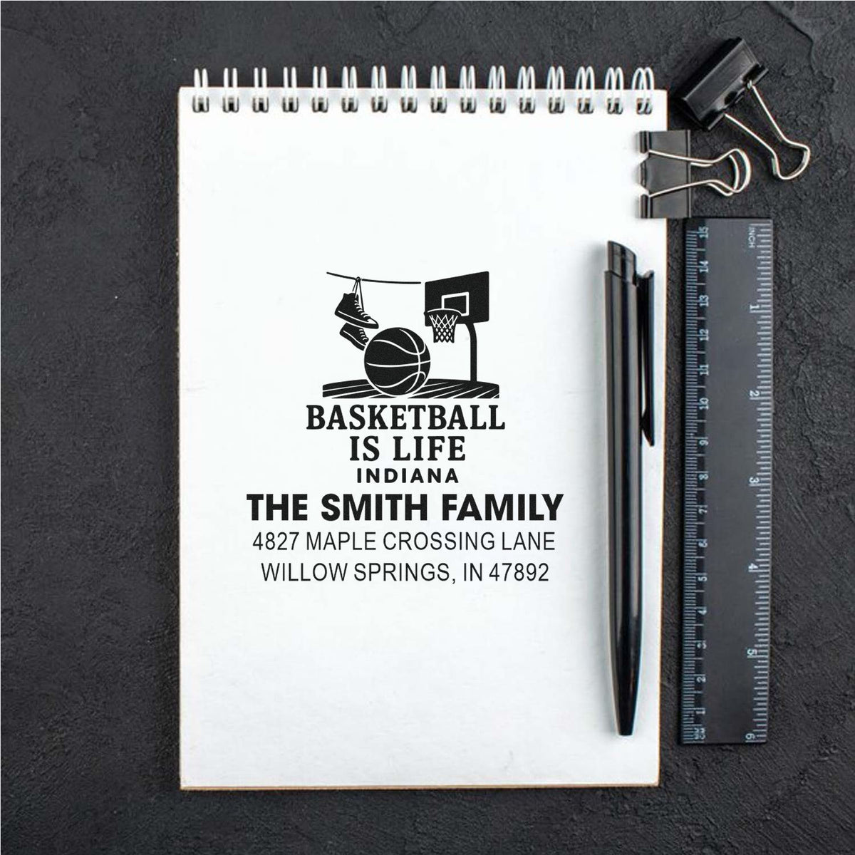 Personalized basketball family return address stamp for sports fans, ideal for custom mail, stationery, and gift giving.