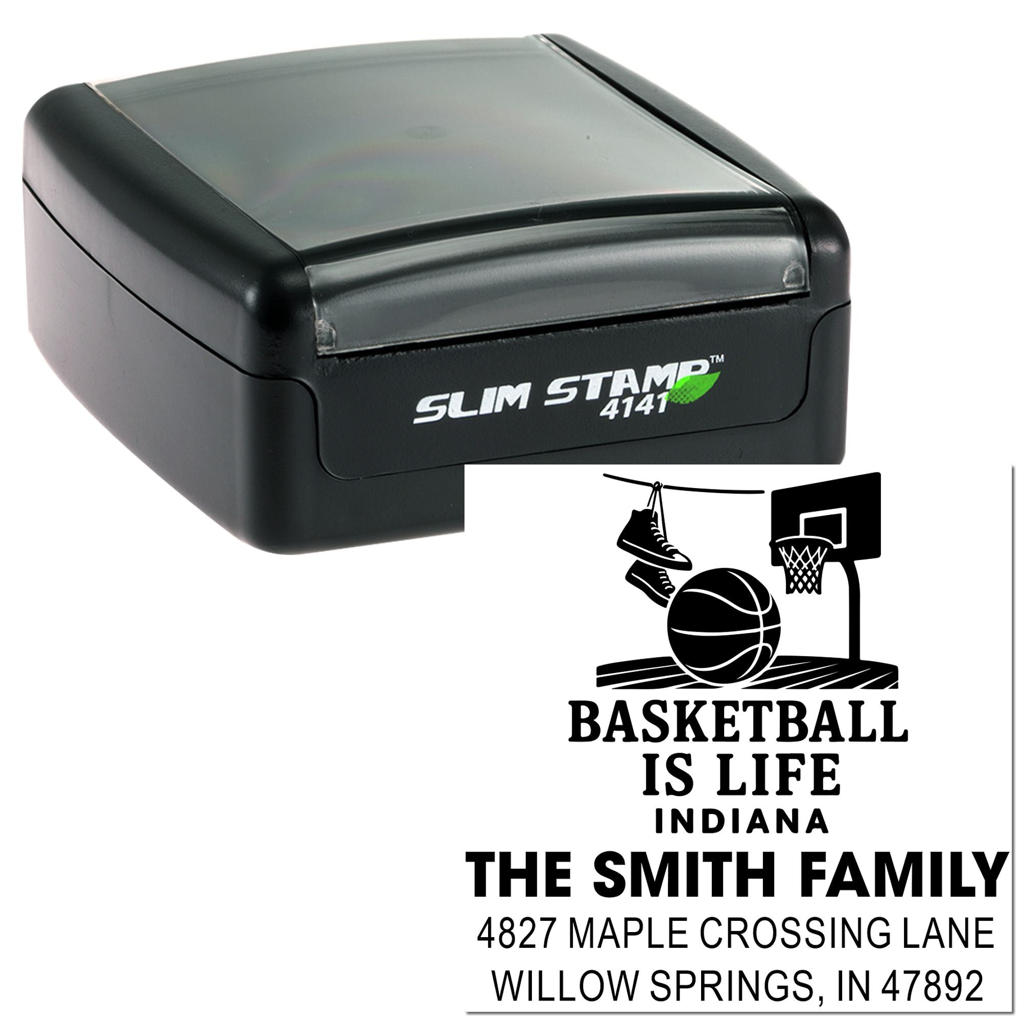 Basketball Life Design Personalized Address Rubber Stamp with 1-5/8" Square , Pre-Inked Sports Tag Style for Coaches, Collectors & Memorabilia Gifts