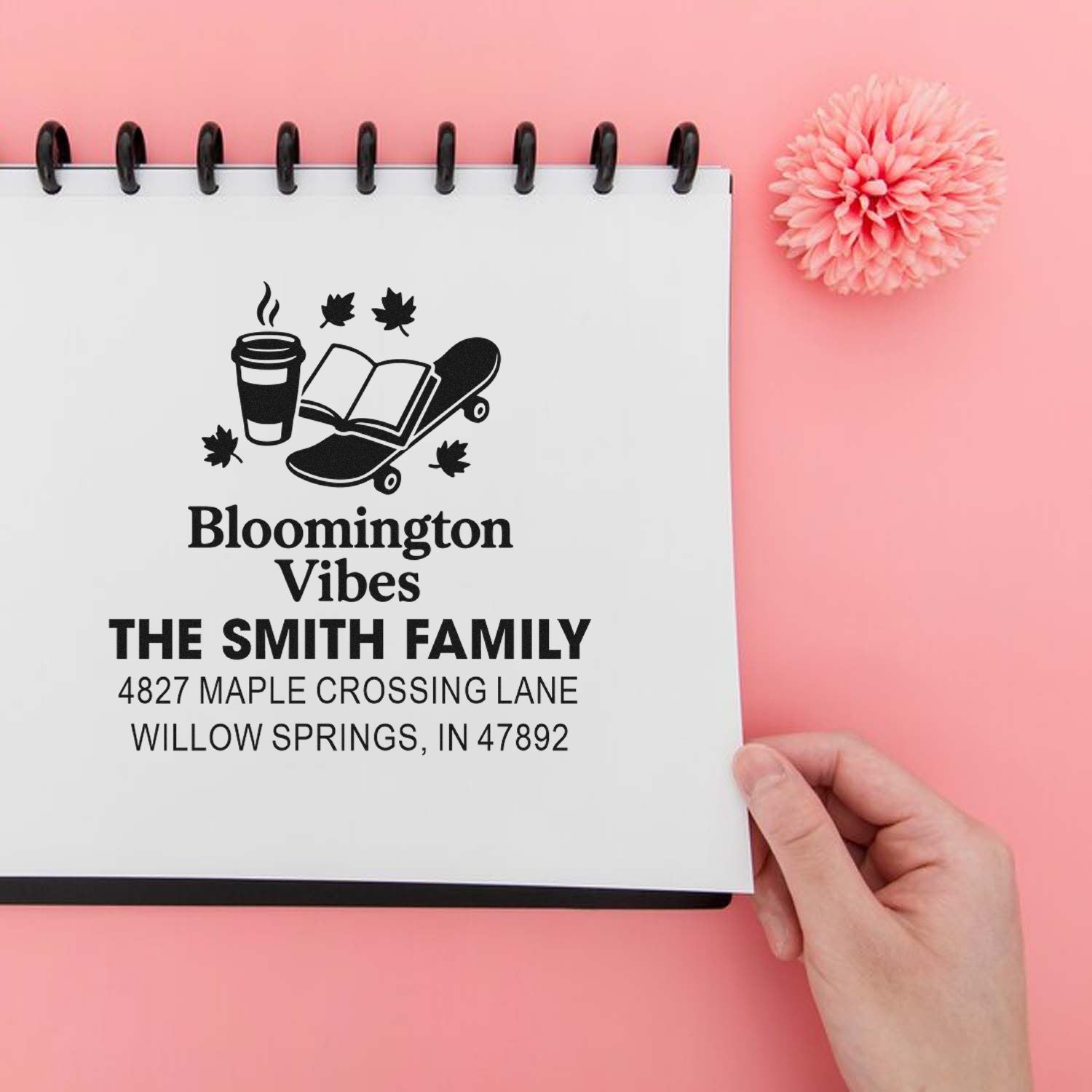 Custom address rubber stamp with Bloomington Vibes skate and coffee design for personalized family mailing and stationery.