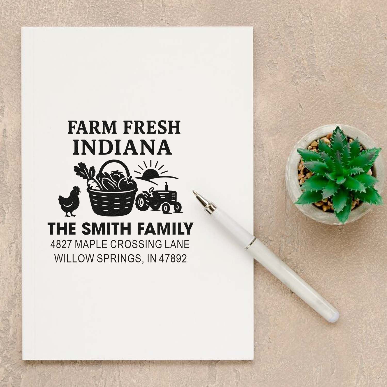 Custom farm fresh Indiana address rubber stamp for The Smith Family, with basket, chicken, tractor and sunrise design.