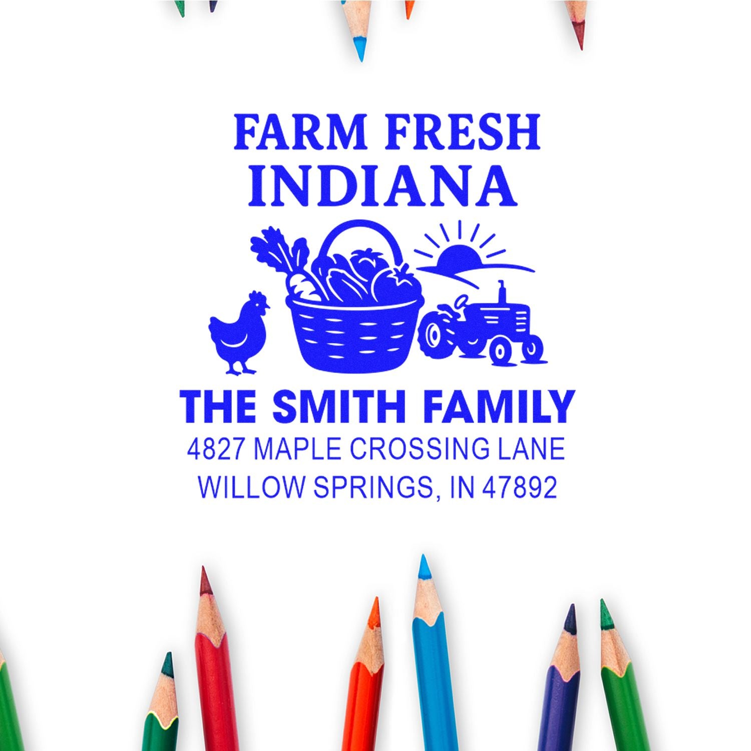 Custom Farm Fresh Indiana rubber address stamp for The Smith Family, featuring farm basket, chicken, tractor and return address.
