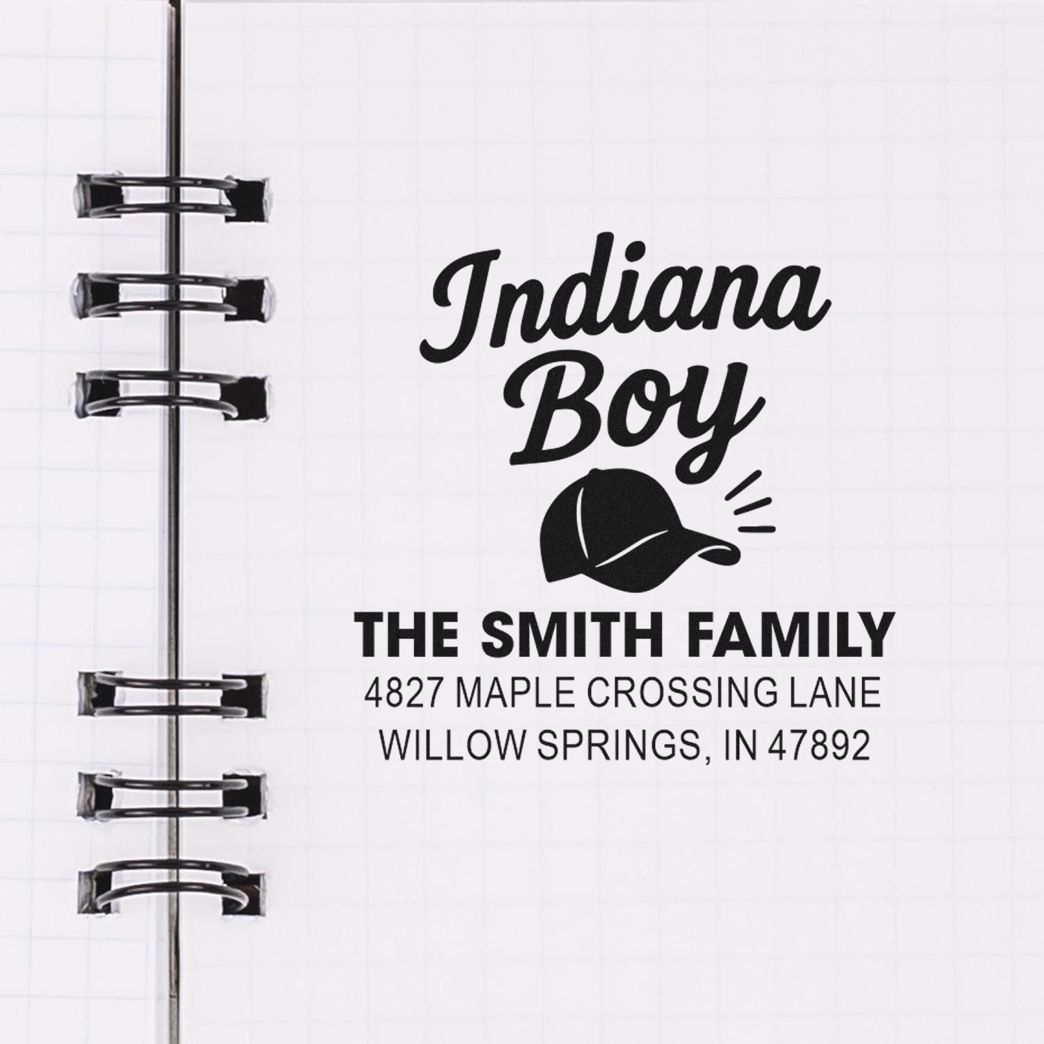 Custom Indiana Boy rubber stamp with family name and address, personalized return address stamp for The Smith Family.