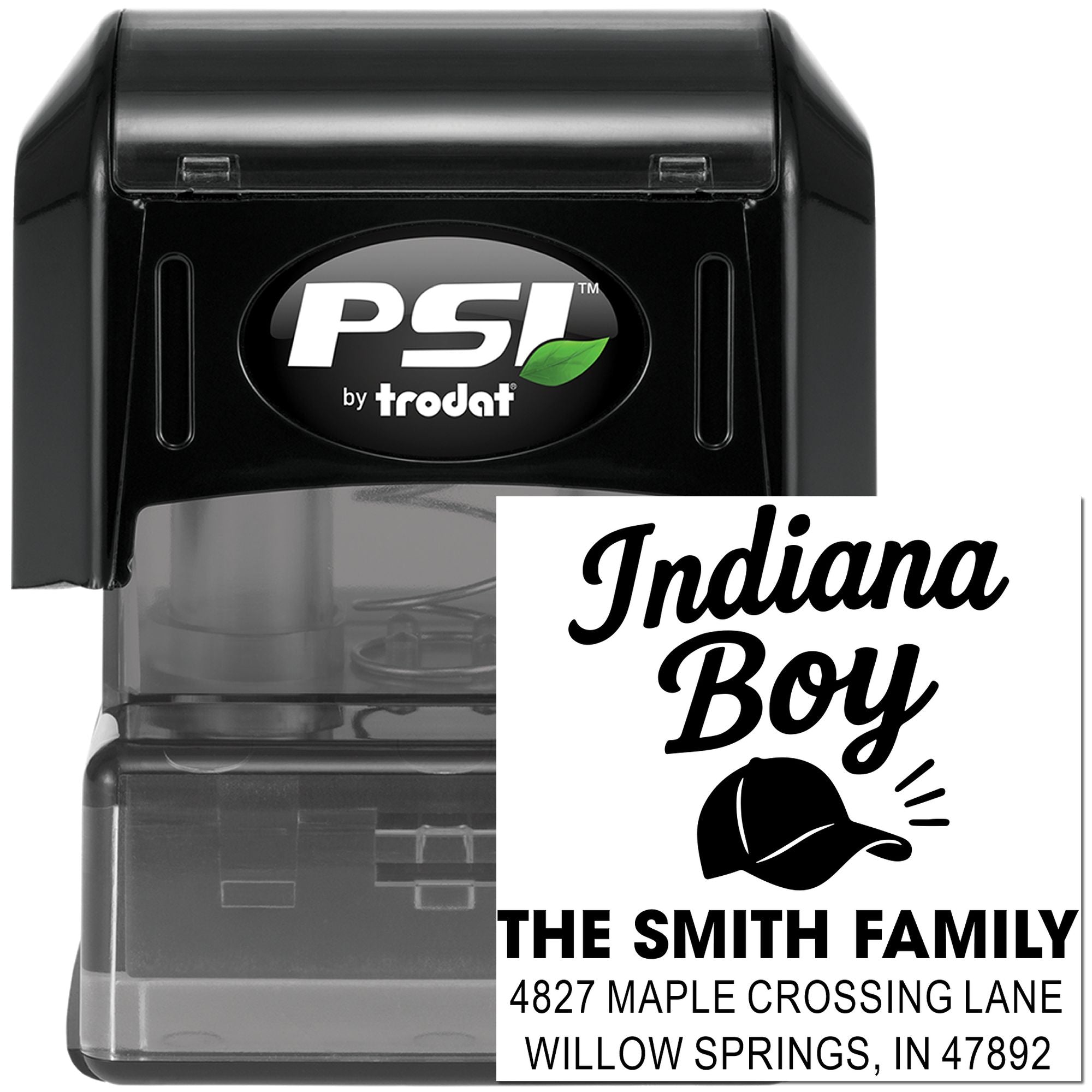 PSI by Trodat self-inking custom address rubber stamp with Indiana Boy design for The Smith Family mailing labels and home address.