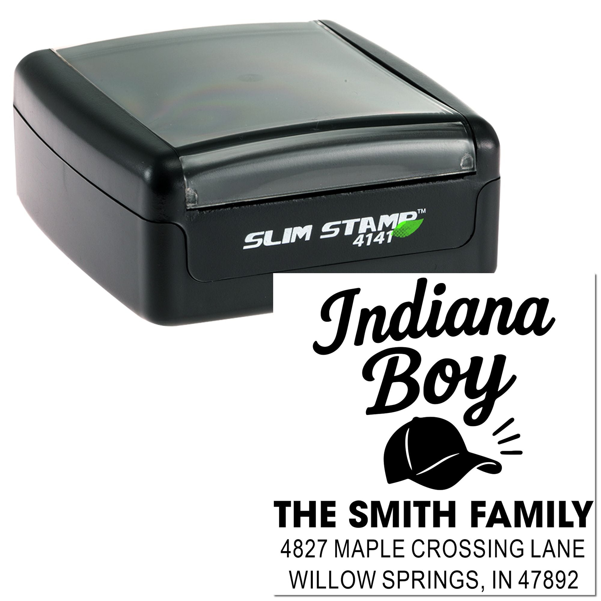 Custom self-inking rubber address stamp with Indiana Boy design for personalized family mailing labels.
