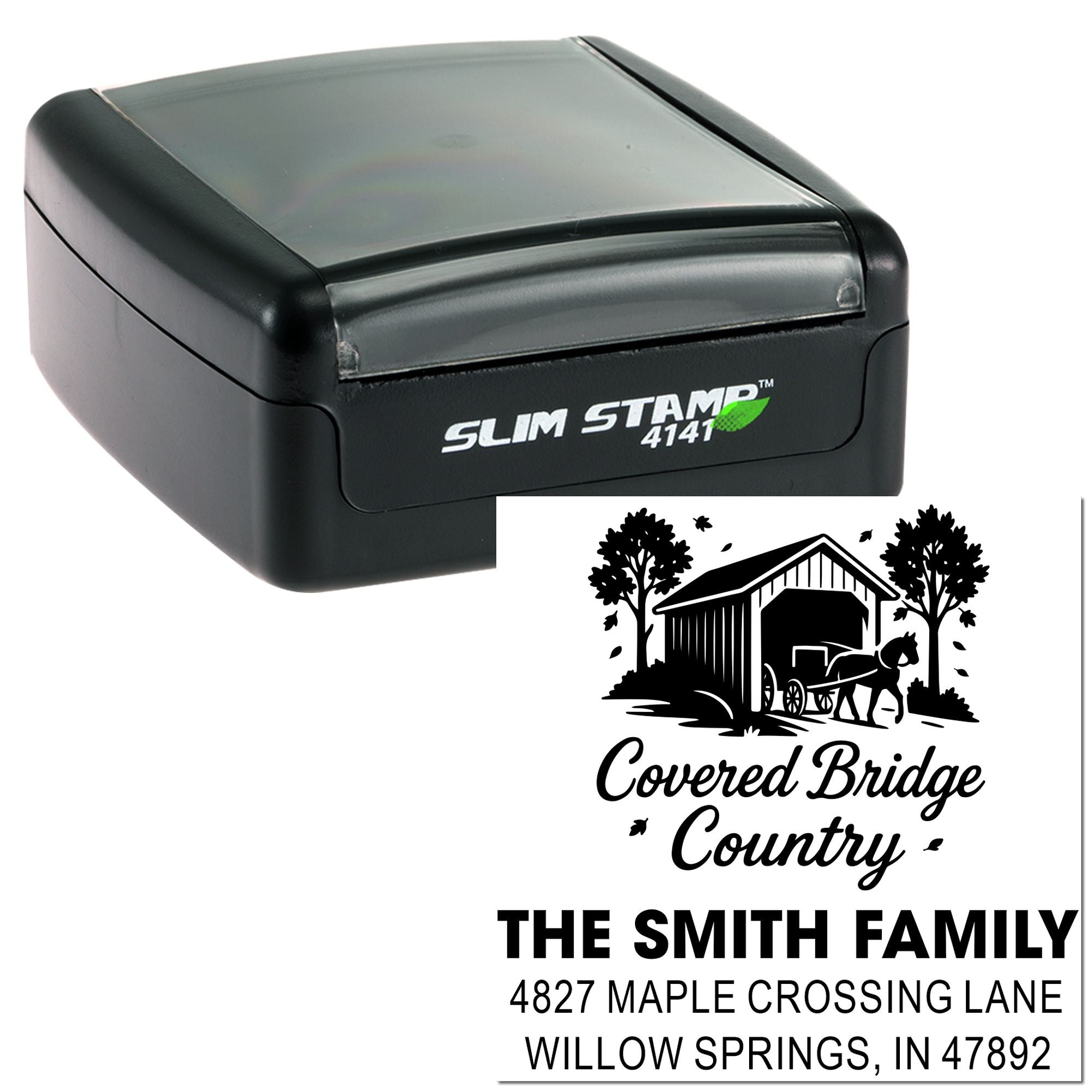 Slim Stamp 4141 self-inking personalized rubber stamp for custom family return address with covered bridge design.