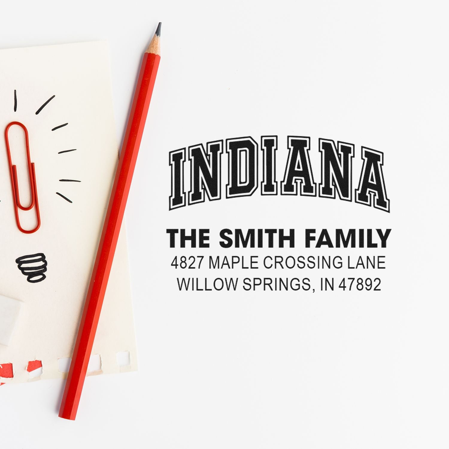 Custom Indiana return address rubber stamp for The Smith Family, featuring personalized name and mailing address.