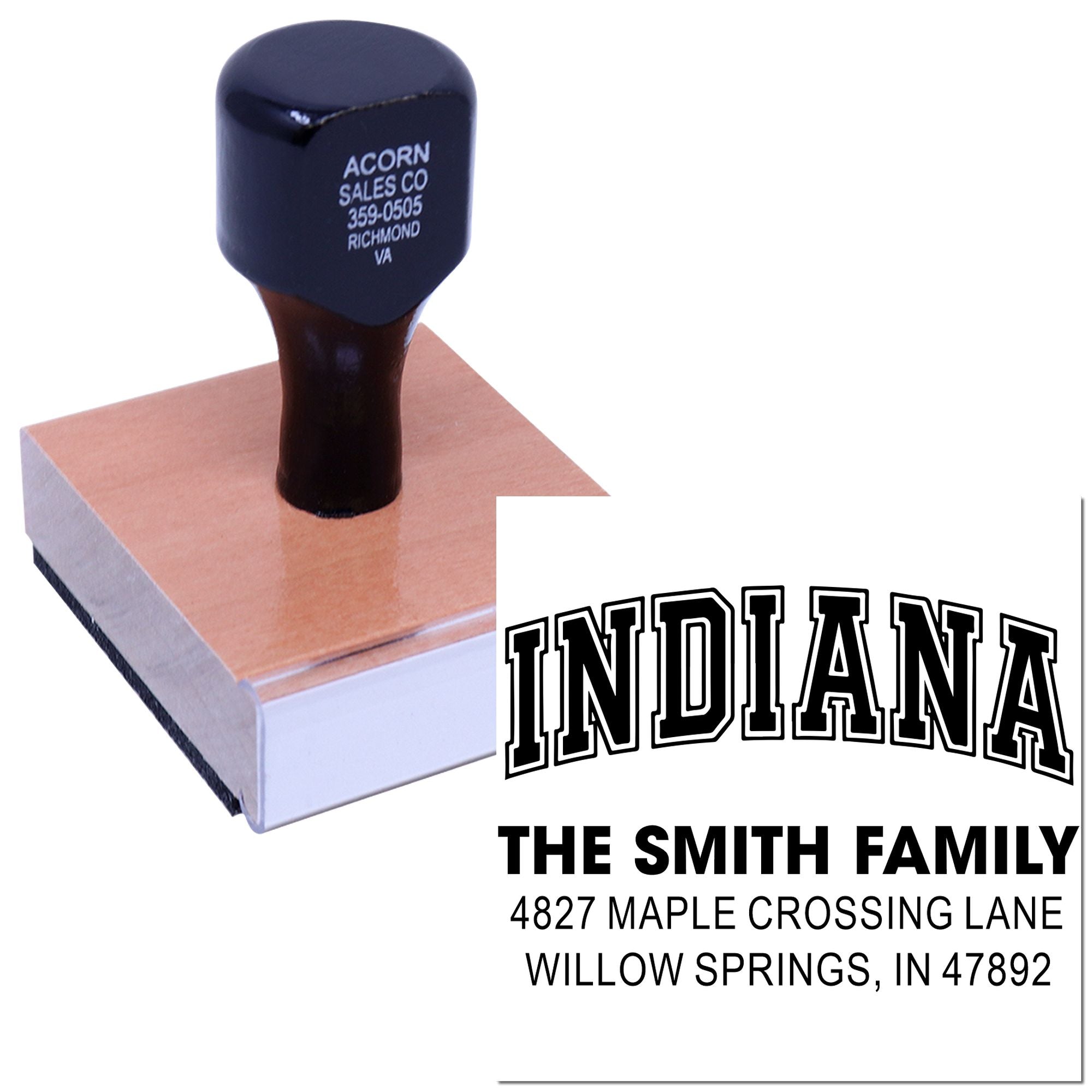 Custom Indiana address rubber stamp for The Smith Family with return address and ZIP code.