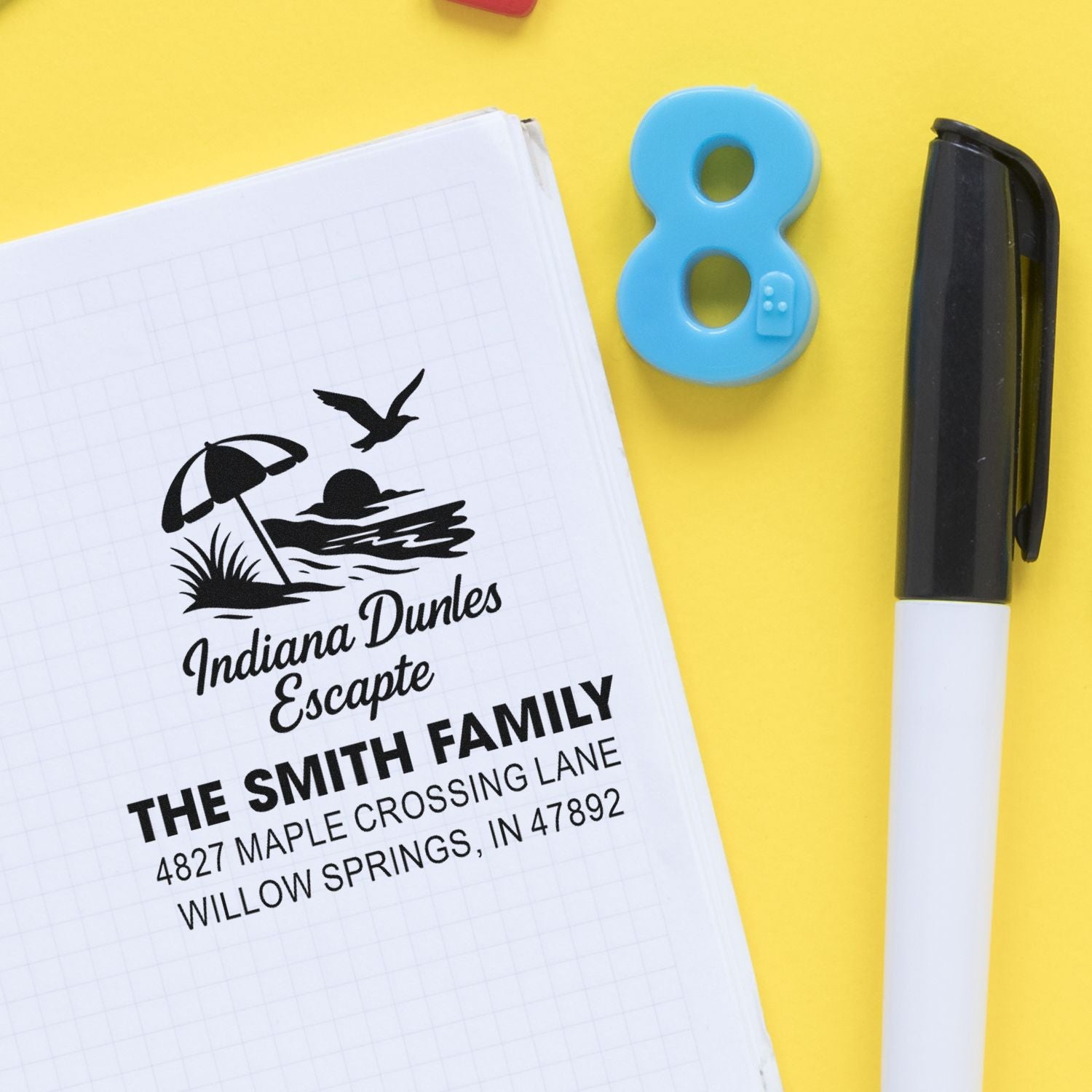 Custom rubber return address stamp proof for The Smith Family, featuring Indiana Dunes Escape and address details.