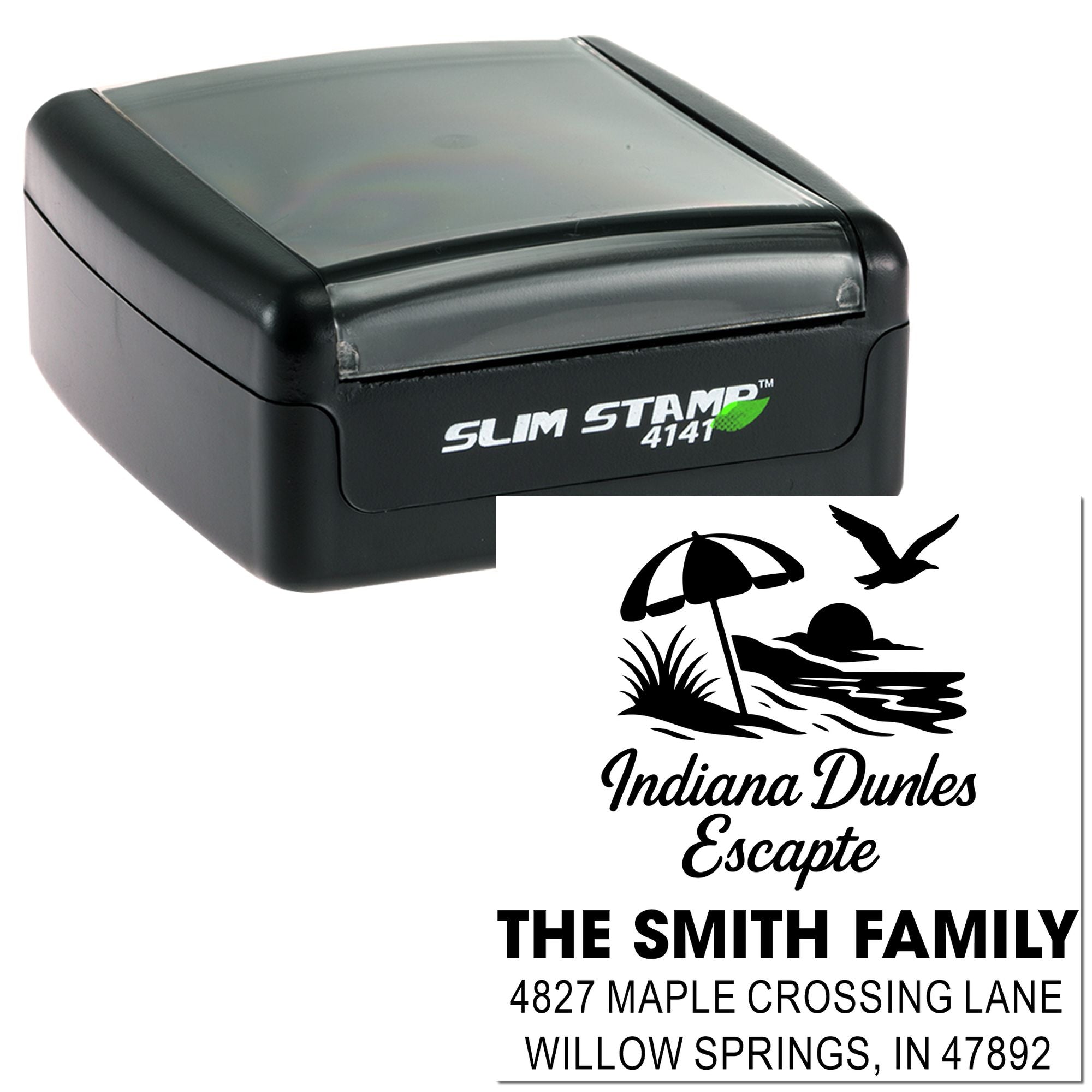 Slim Stamp 4141 self-inking custom return address rubber stamp with Indiana Dunes Escape family logo design.
