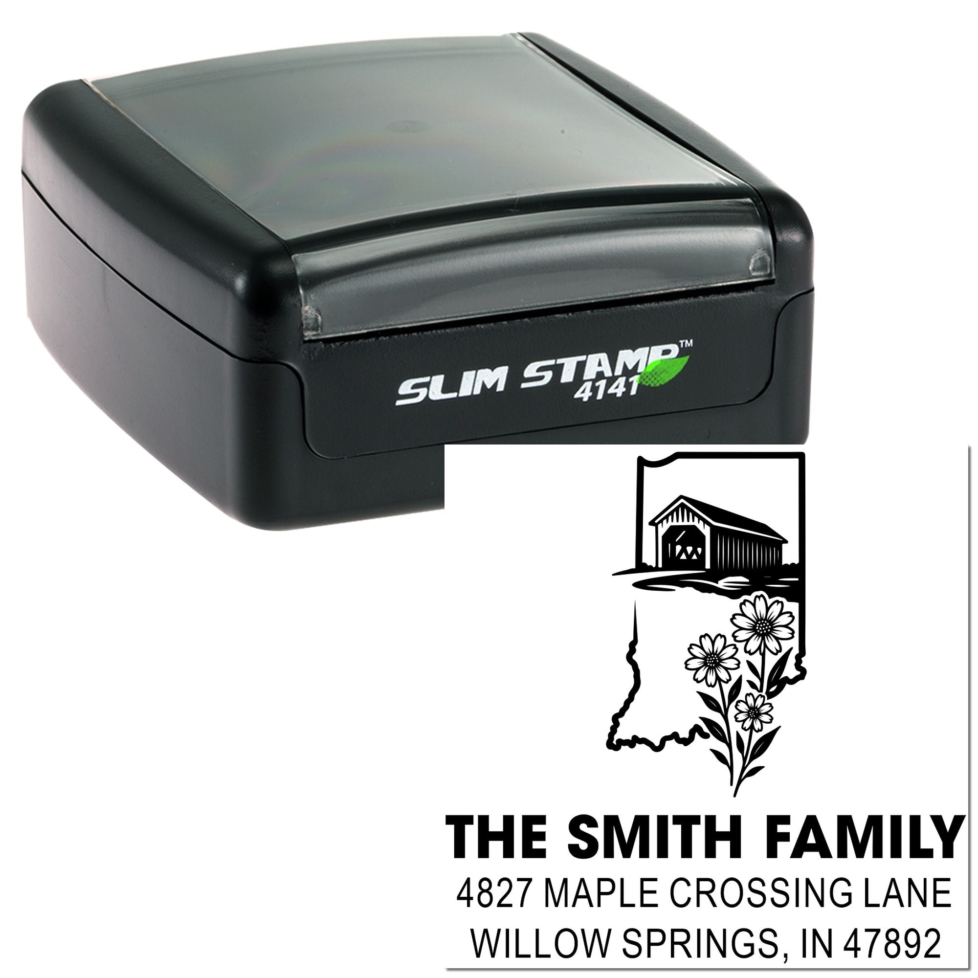 Custom self-inking rubber return address stamp with barn floral design for The Smith Family