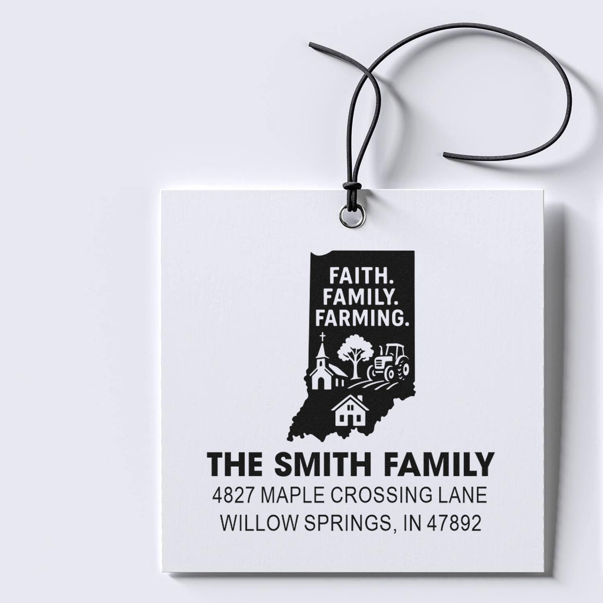 Personalized family farm rubber stamp with Faith Family Farming Indiana design, Smith family name, and custom return address.