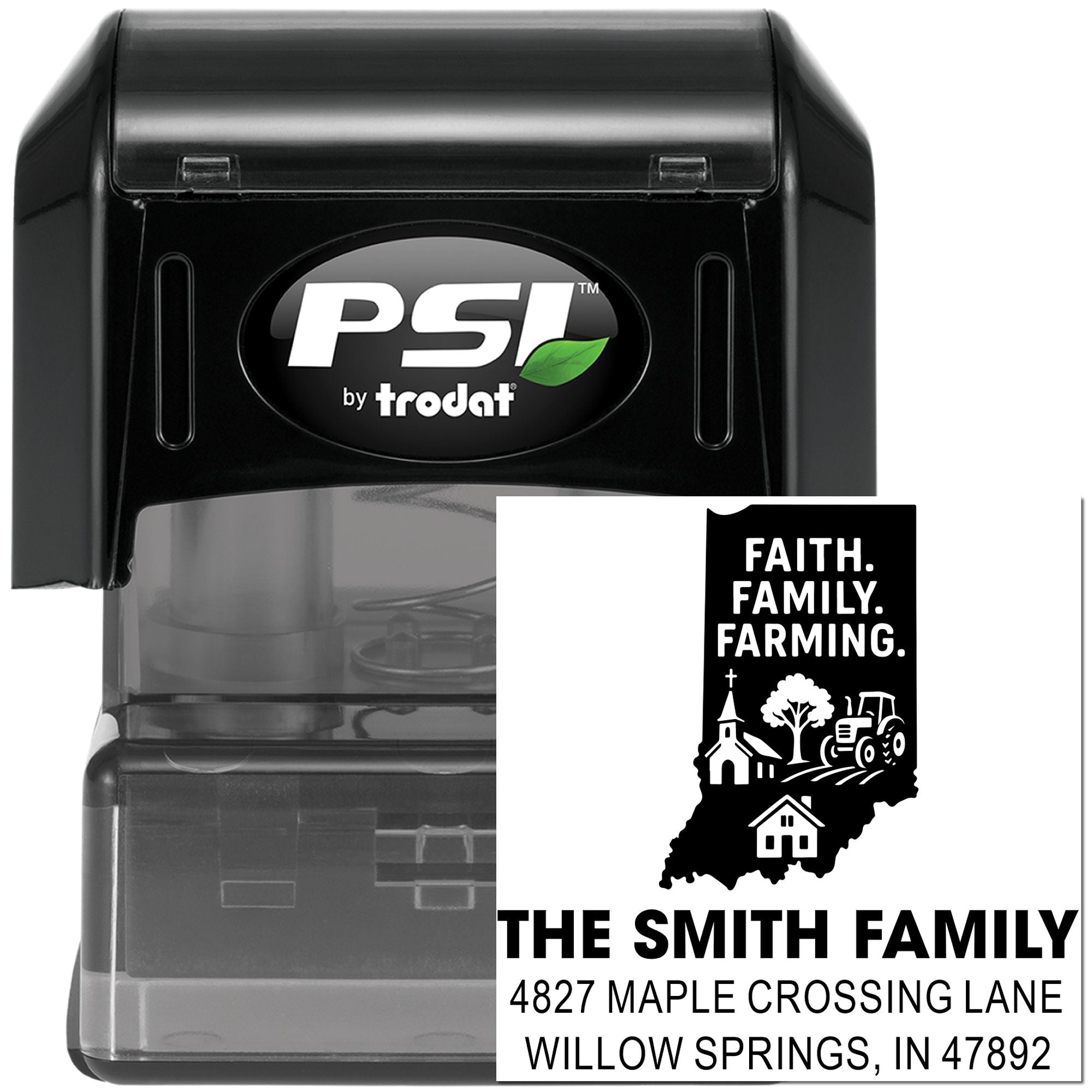 Personalized self-inking rubber stamp by PSI Trodat with Faith, Family, Farming design and Smith Family return address.