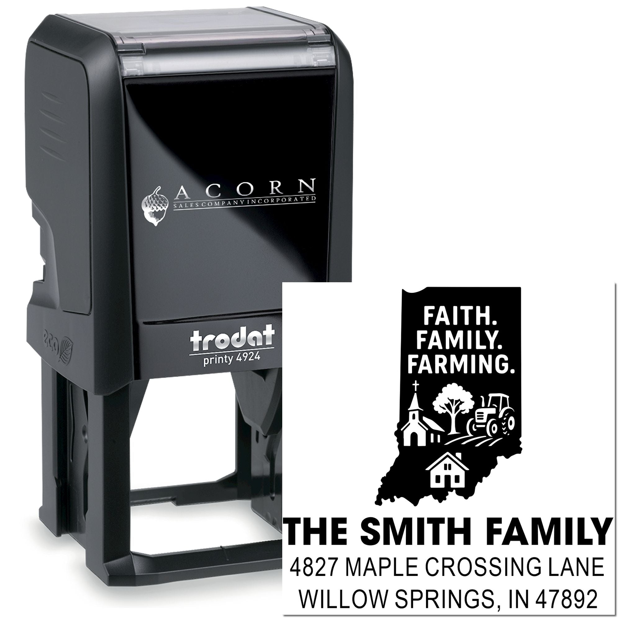 Custom self-inking rubber stamp for farm family return address with Indiana state design and Faith, Family, Farming