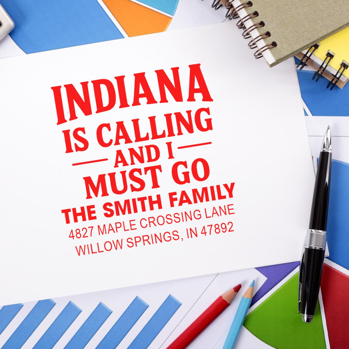 Custom rubber address stamp for personalized mailings, reading Indiana Is Calling with family name and address.