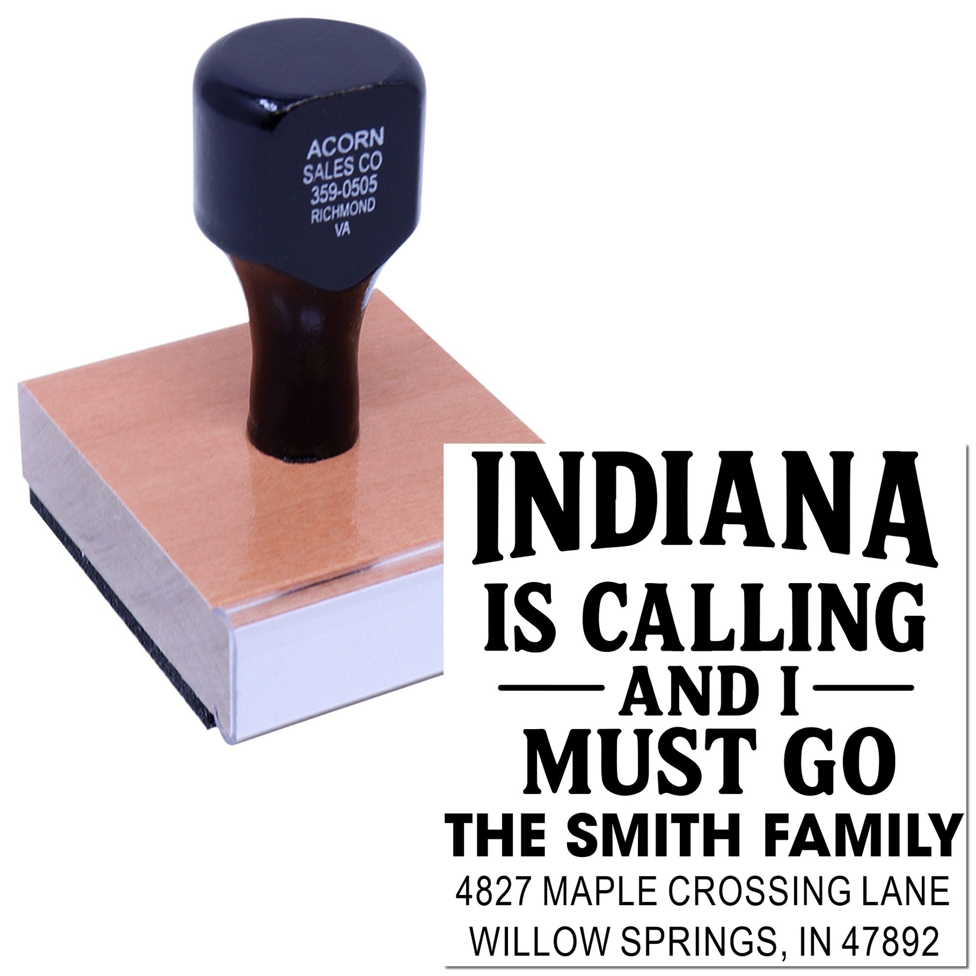 Indiana is Calling and I Must Go personalized rubber stamp with family name and address for custom mail and crafts.