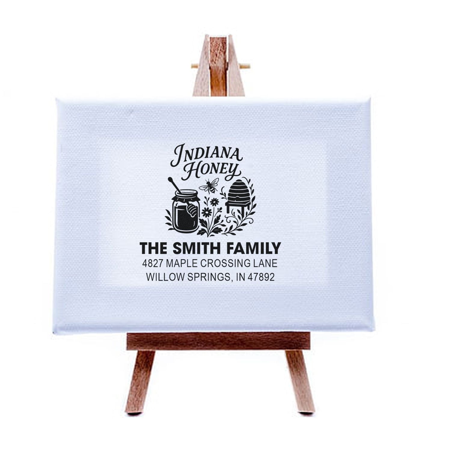 Personalized rubber stamp for Indiana Honey, featuring bee and honey jar design with The Smith Family address.