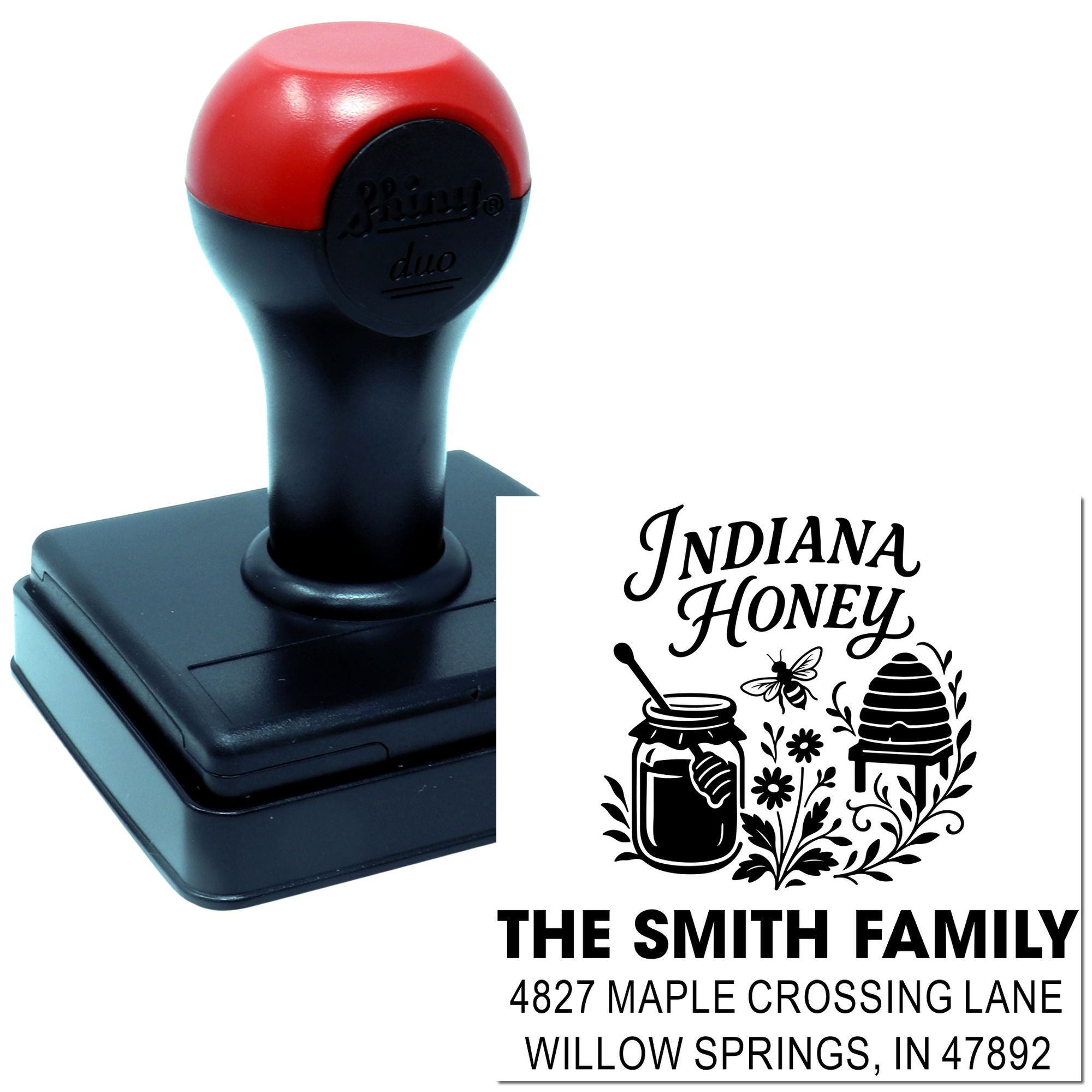 Custom self-inking rubber return address stamp for Indiana Honey, with beehive design and Smith family address.