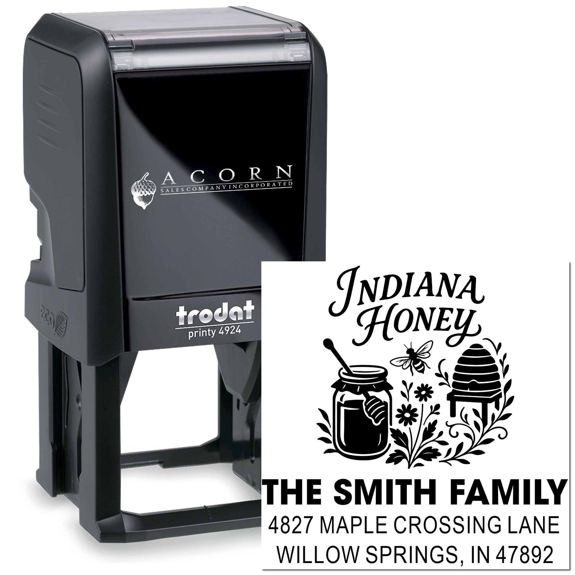 Custom self-inking rubber stamp for Indiana Honey, featuring The Smith Family return address and bee hive design.