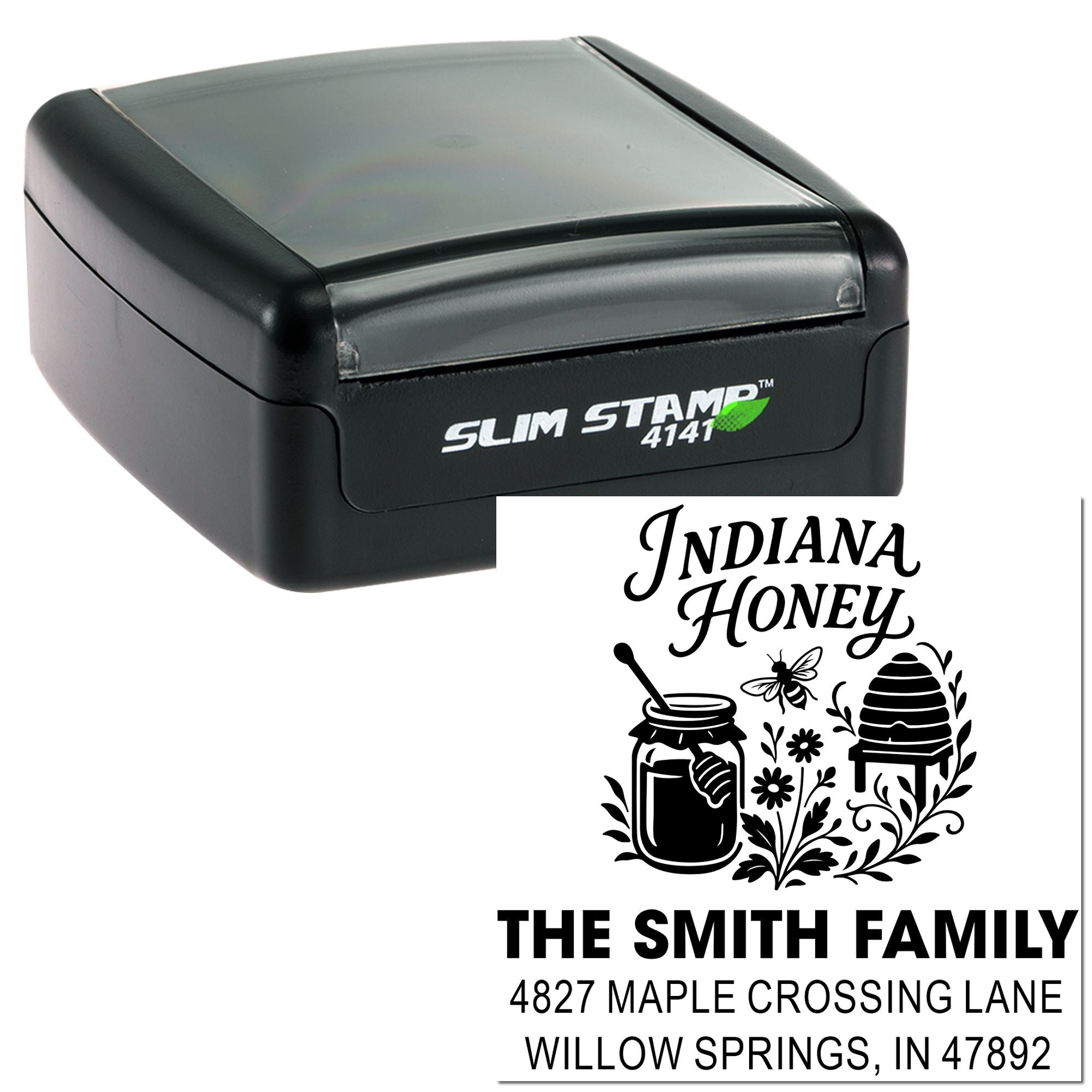 Custom self-inking address rubber stamp for Indiana Honey, with Smith Family return address and bee logo.