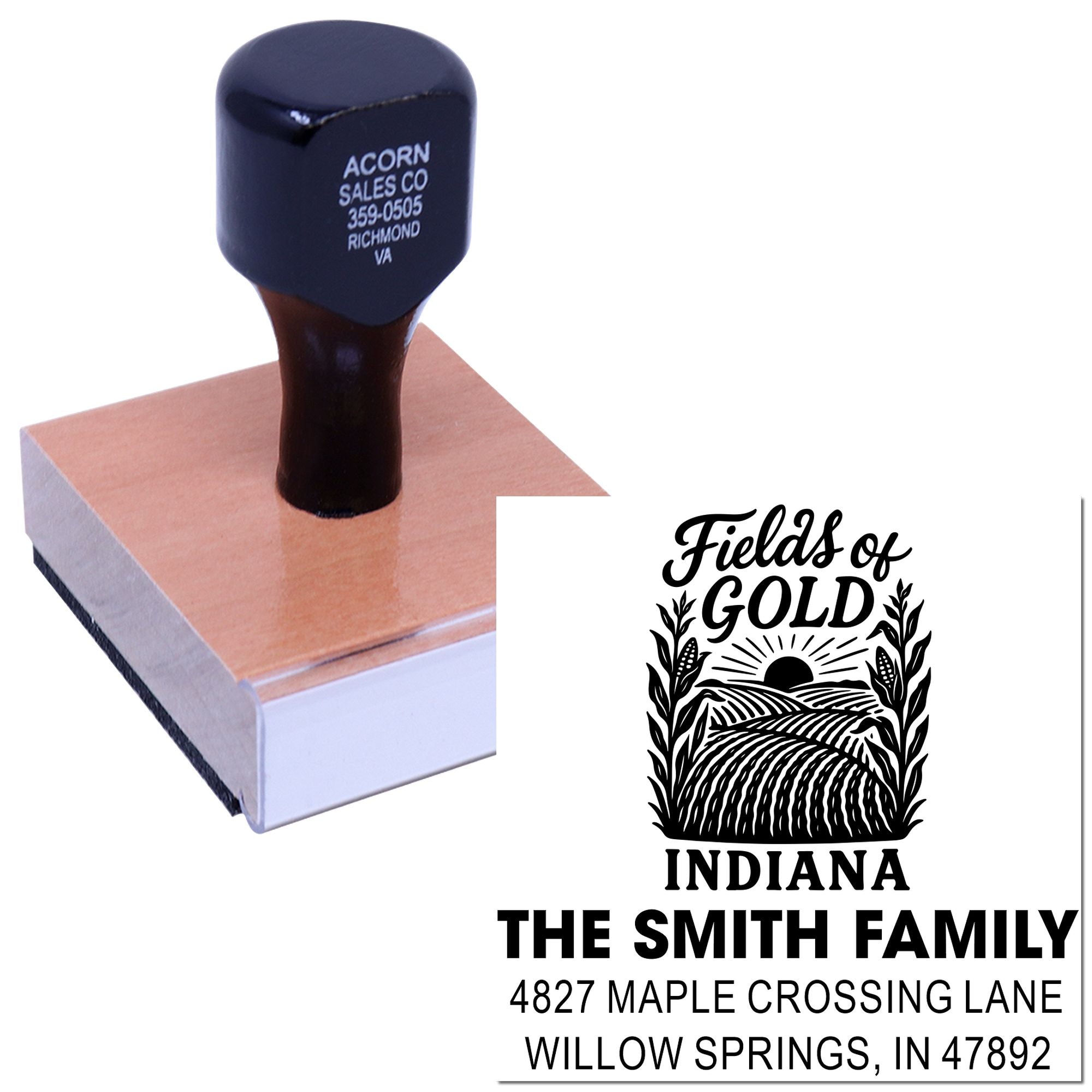 Personalized self-inking rubber stamp with Fields of Gold Indiana return address design for The Smith Family.