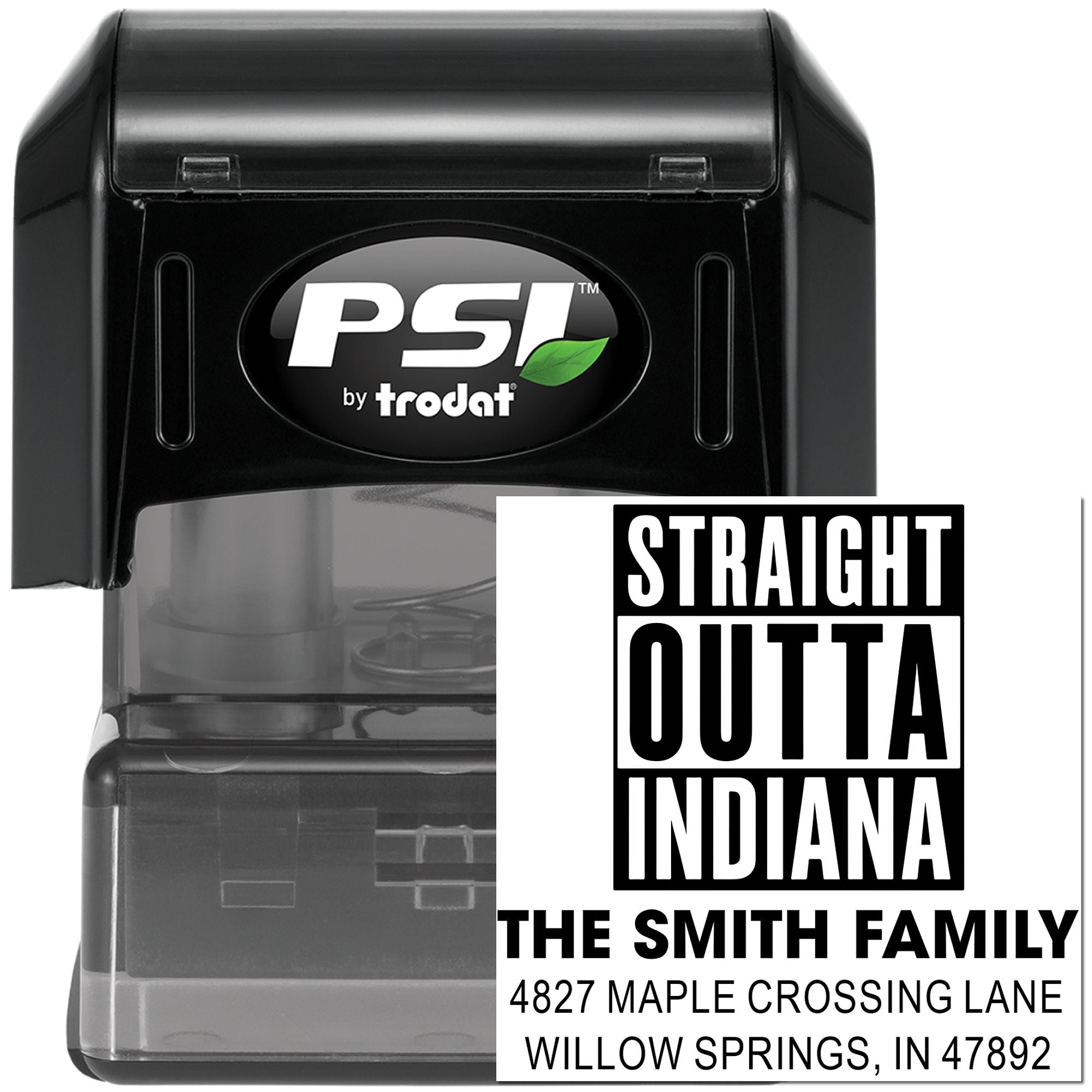 Custom PSI by Trodat return address rubber stamp with Straight Outta Indiana family design and personalized mailing details