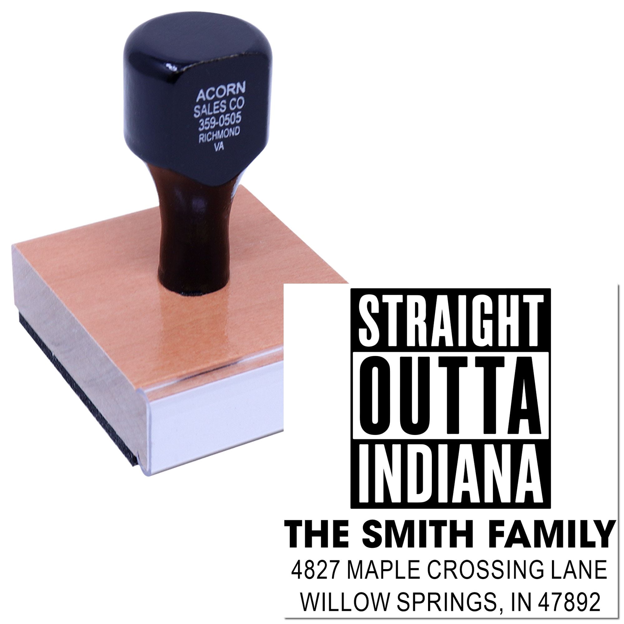 Custom Straight Outta Indiana address rubber stamp for The Smith Family and personalized mailing labels.
