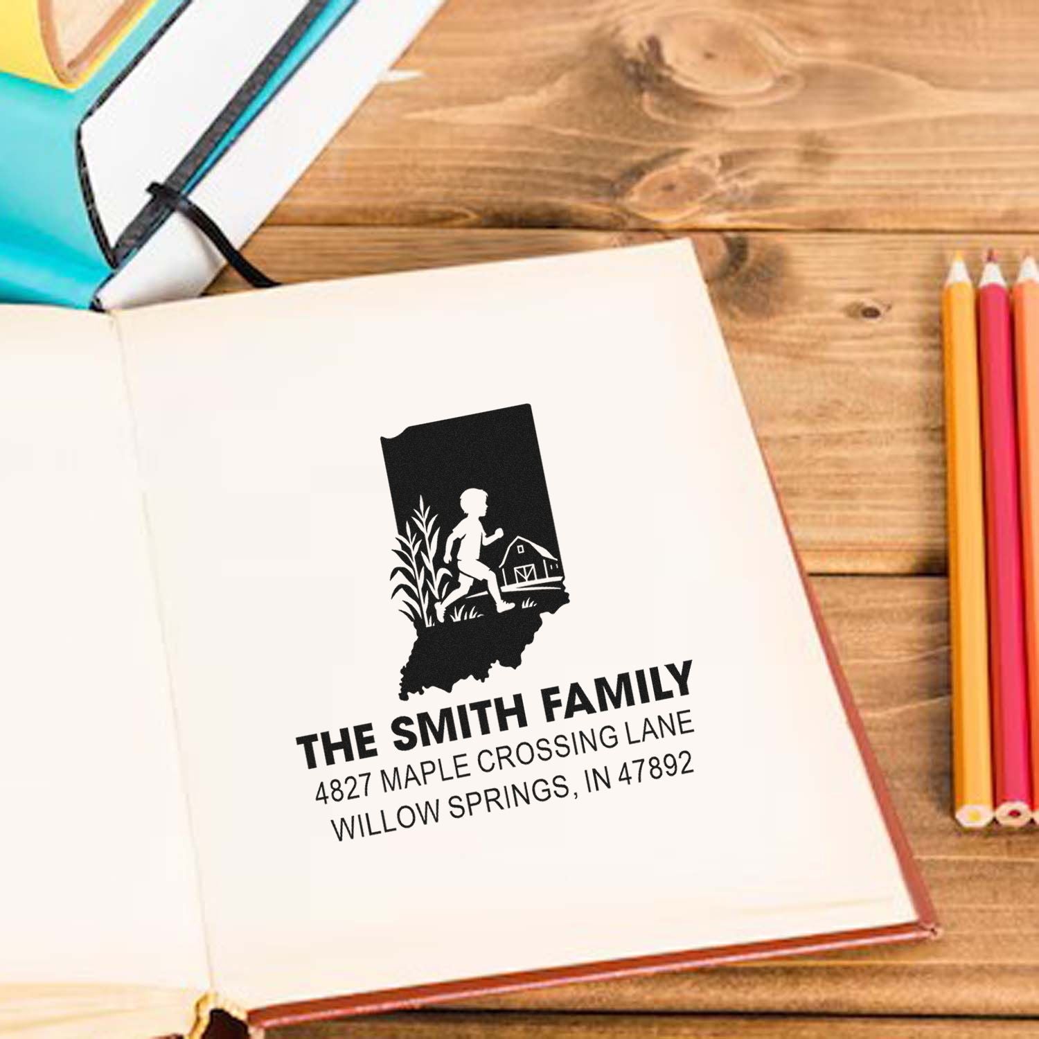 Personalized family return address rubber stamp with custom name and address for stationery, envelopes, and mail.