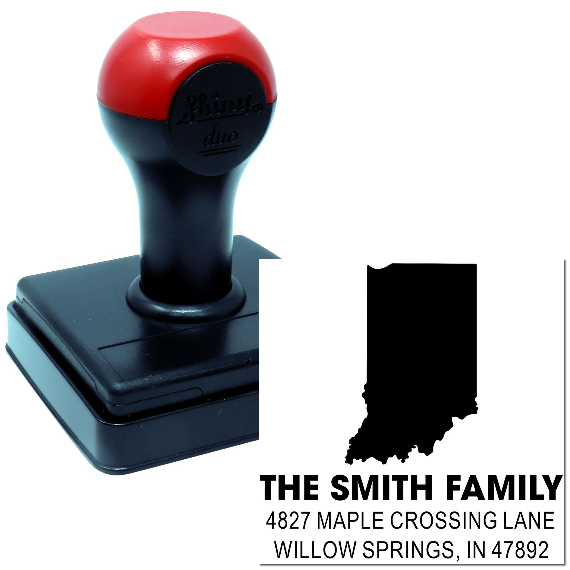 Custom self-inking rubber address stamp with Indiana state design and family return address for envelopes