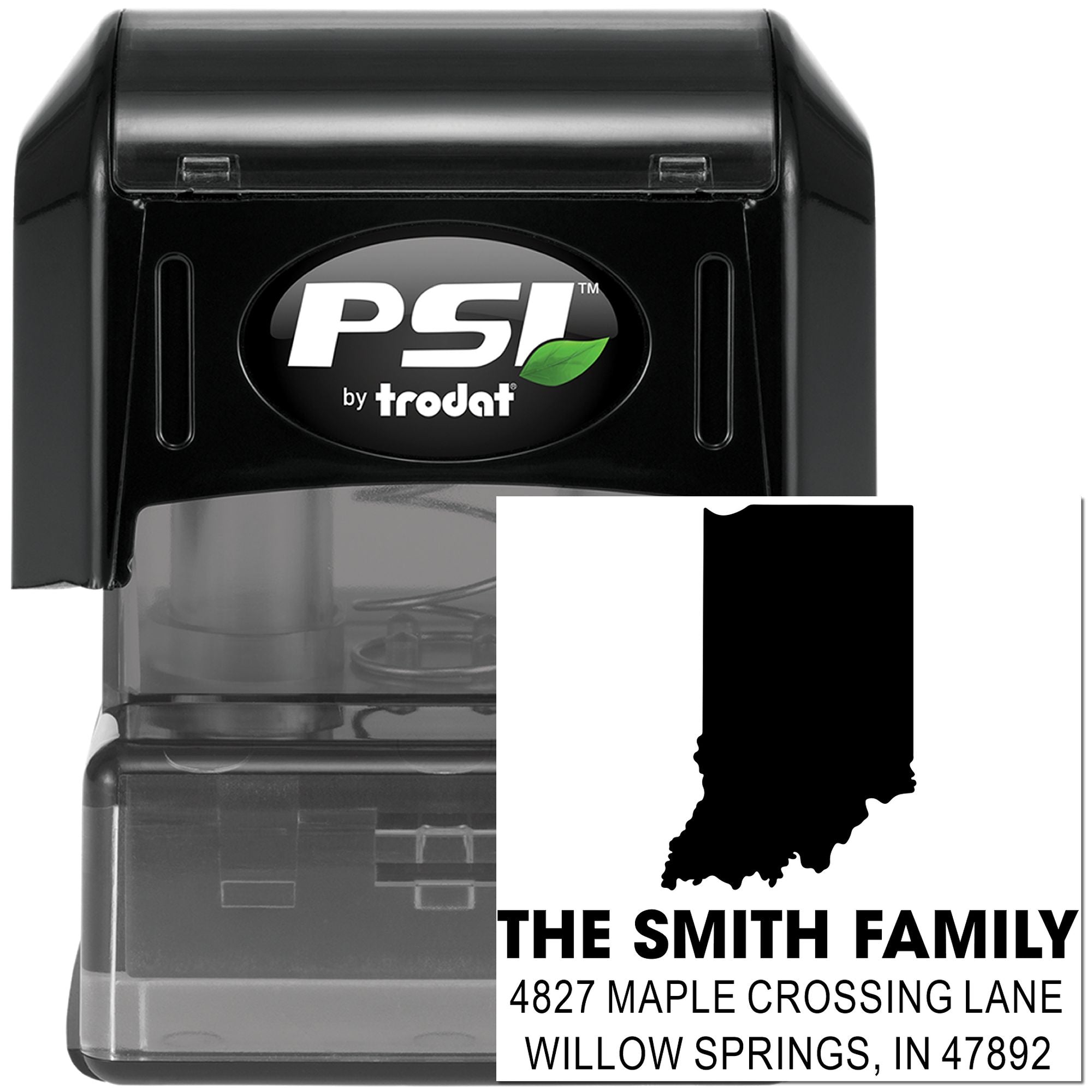 PSI by Trodat self-inking custom address rubber stamp with Indiana state design for The Smith Family