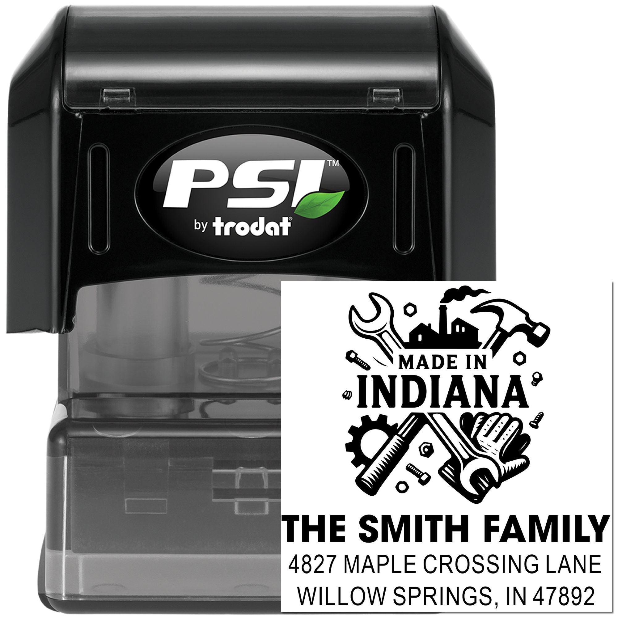 PSI by Trodat self-inking custom rubber stamp with Made in Indiana design and Smith family return address.